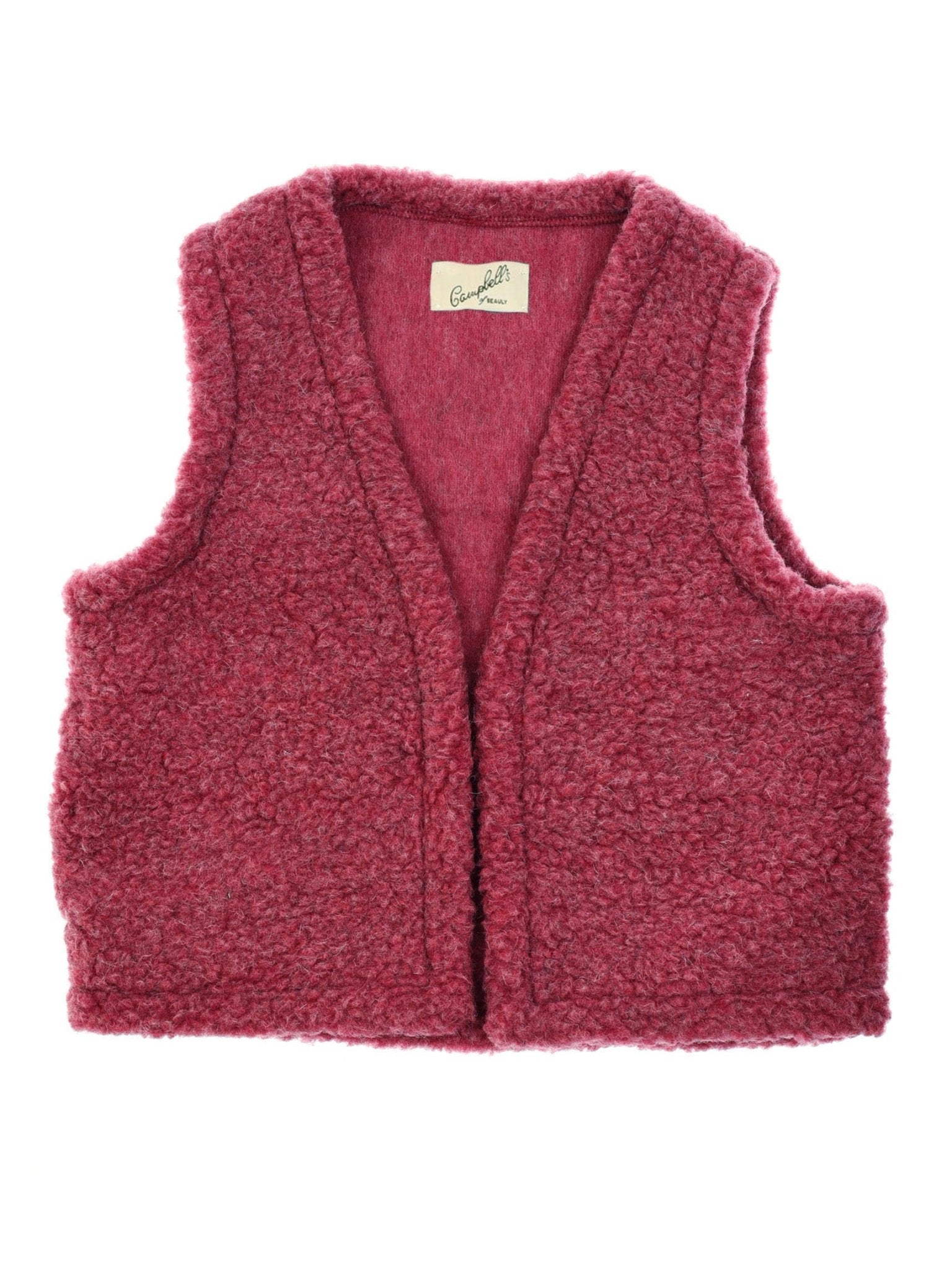 The Campbell's of Beauly Wool Shrug is a sleeveless, open-front vest in deep pink textured sherpa fleece, offering lightweight warmth and perfect for layering. Shown laid flat on a white background.