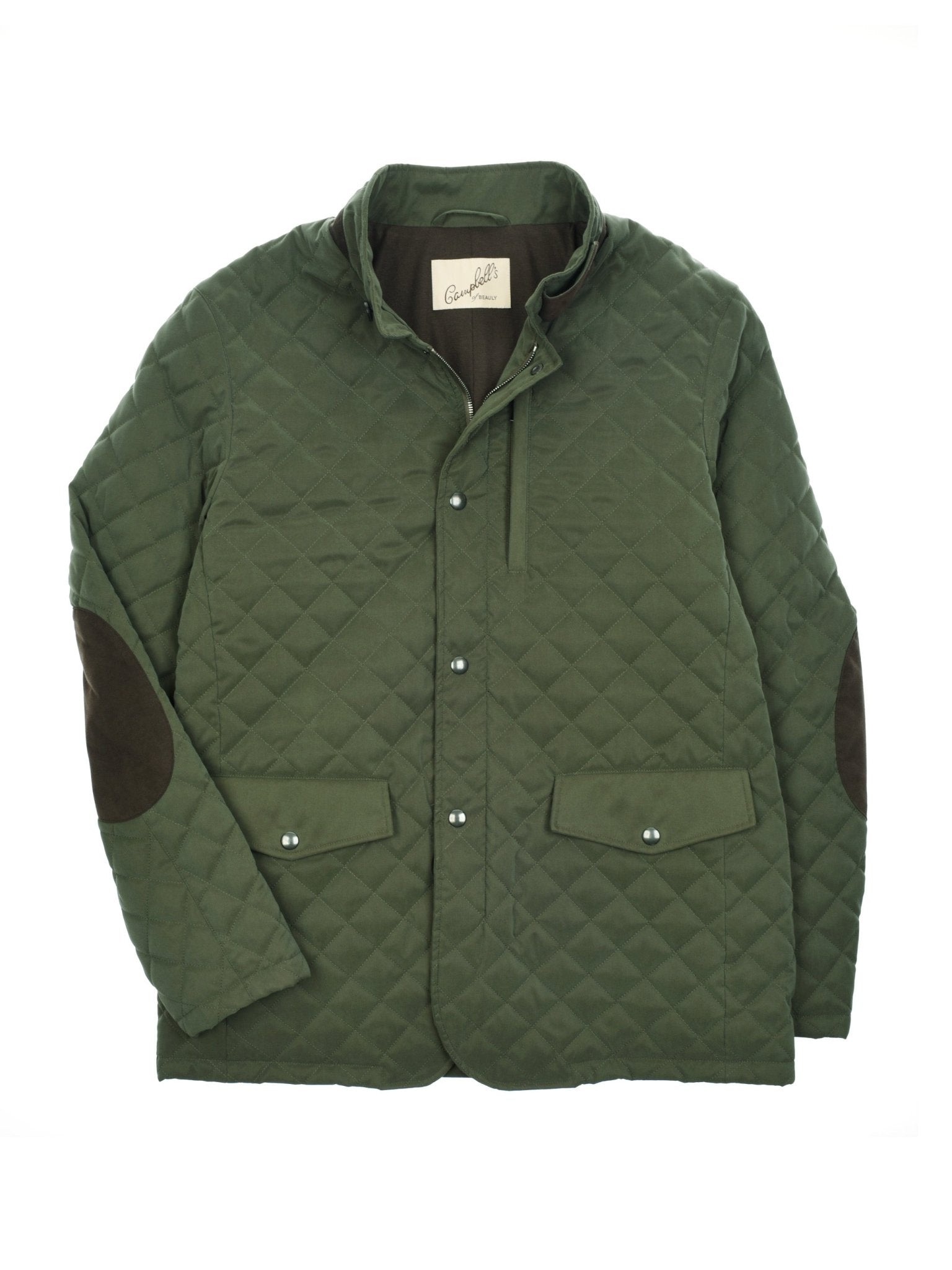 The Auld Stock Tomich Jacket by Campbell’s of Beauly is a green quilted jacket with brown elbow patches and two front pockets, reflecting Highland style and quality tailoring.