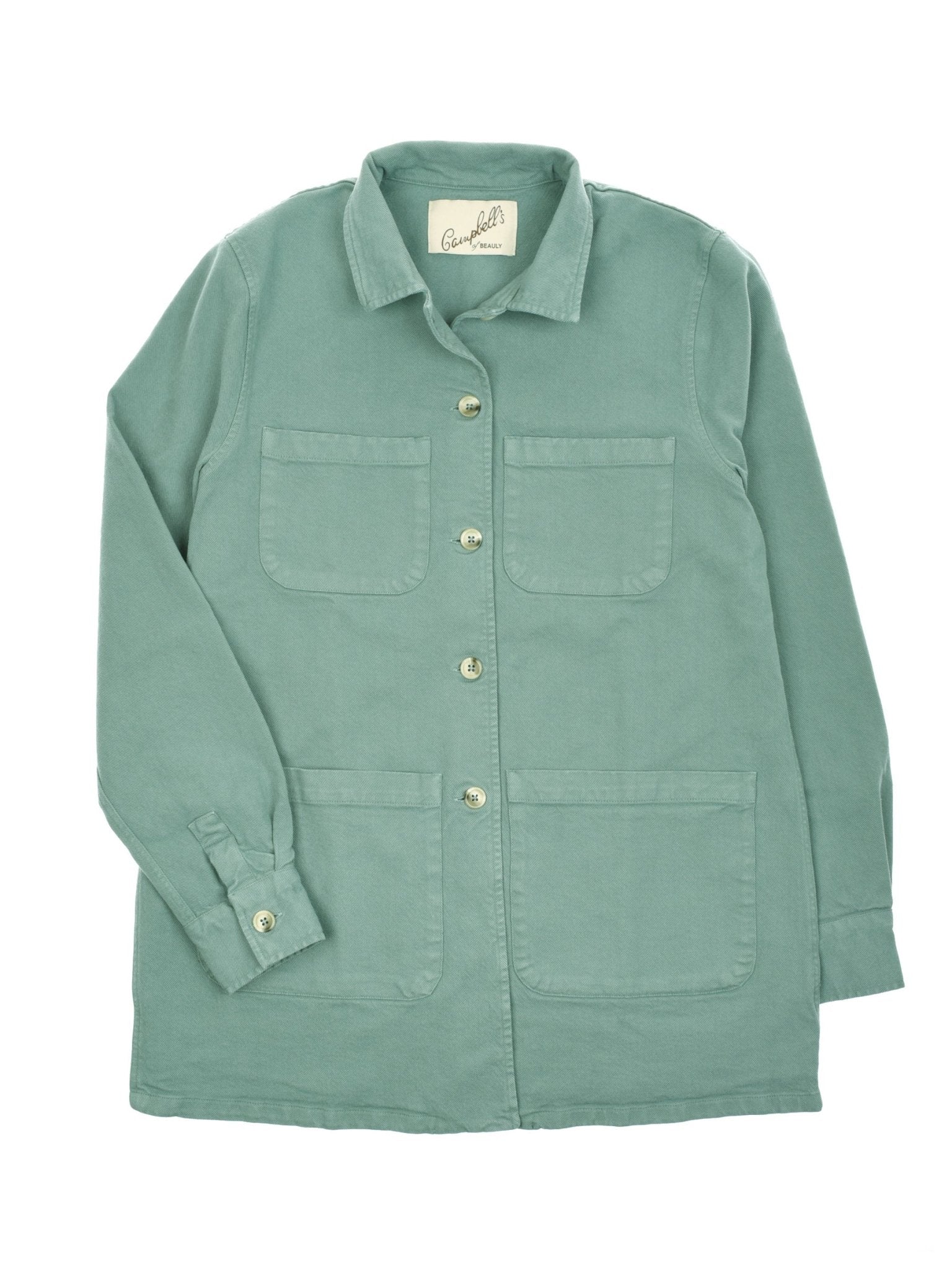 The Auld Stock Summer Chore Jacket by Campbell's of Beauly comes in Moss, featuring a relaxed fit, long sleeves, four front pockets, collar, and buttoned cuffs—shown laid flat on a white background.