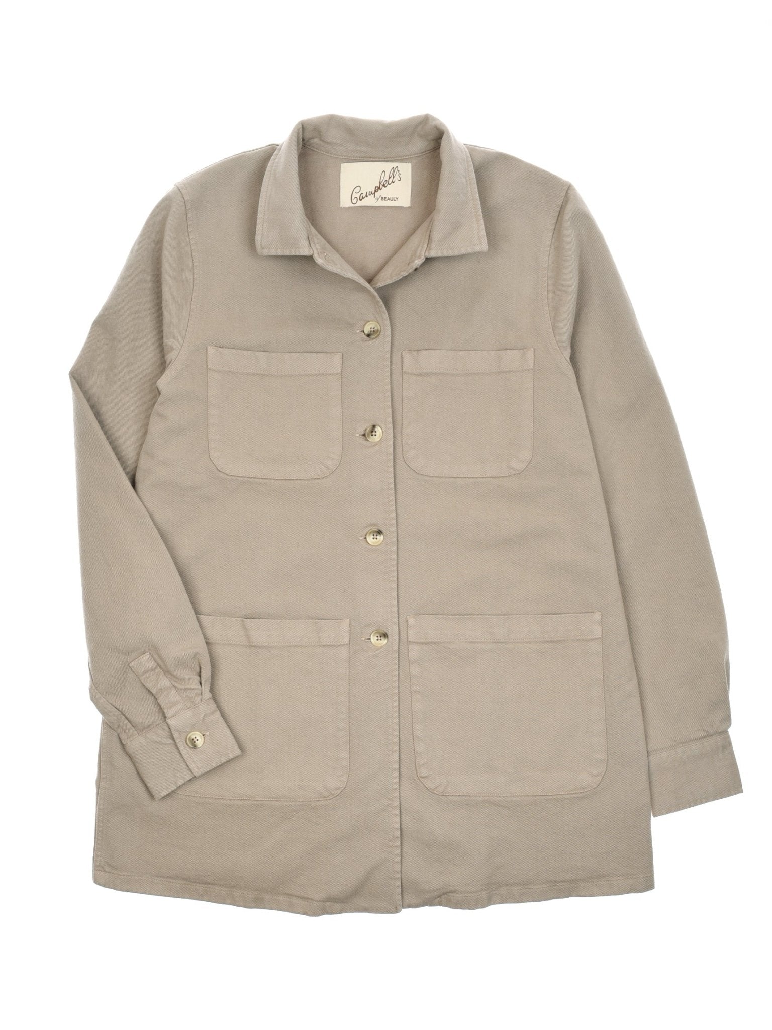 The Campbells of Beauly Summer Chore Jacket in taupe is made from 100% cotton and features a relaxed fit, collared neckline, button-down front, and four large front pockets, shown flat on a white background.