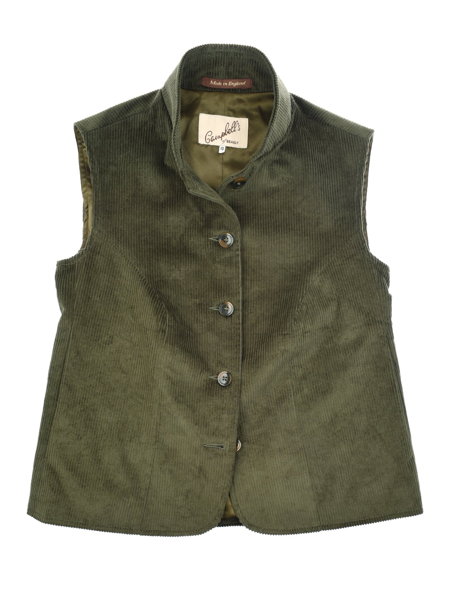 The Auld Stock Corduroy Gilet by Campbell's of Beauly is a sleeveless, olive green cotton corduroy vest with a stand collar and four front buttons, shown on a white background for timeless country elegance.