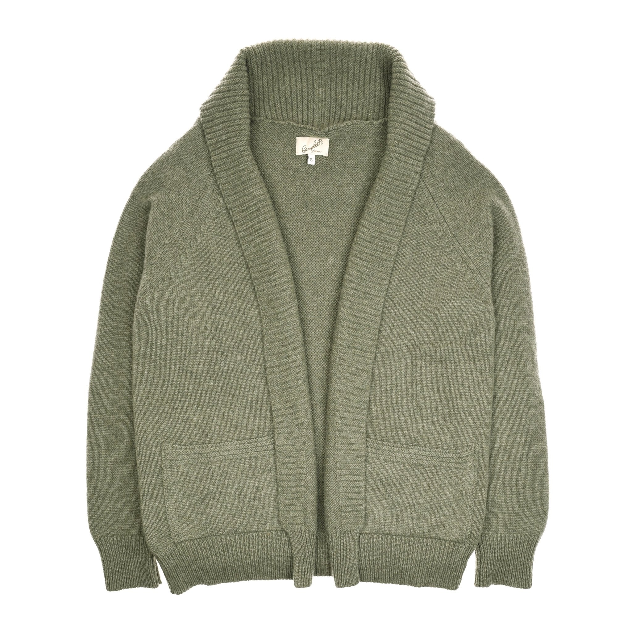 The Campbells of Beauly Cashmere Shawl Cardigan in Moss features a shawl collar, front pockets, and ribbed cuffs and hem, highlighting luxury craftsmanship. Shown laid flat on a white background.