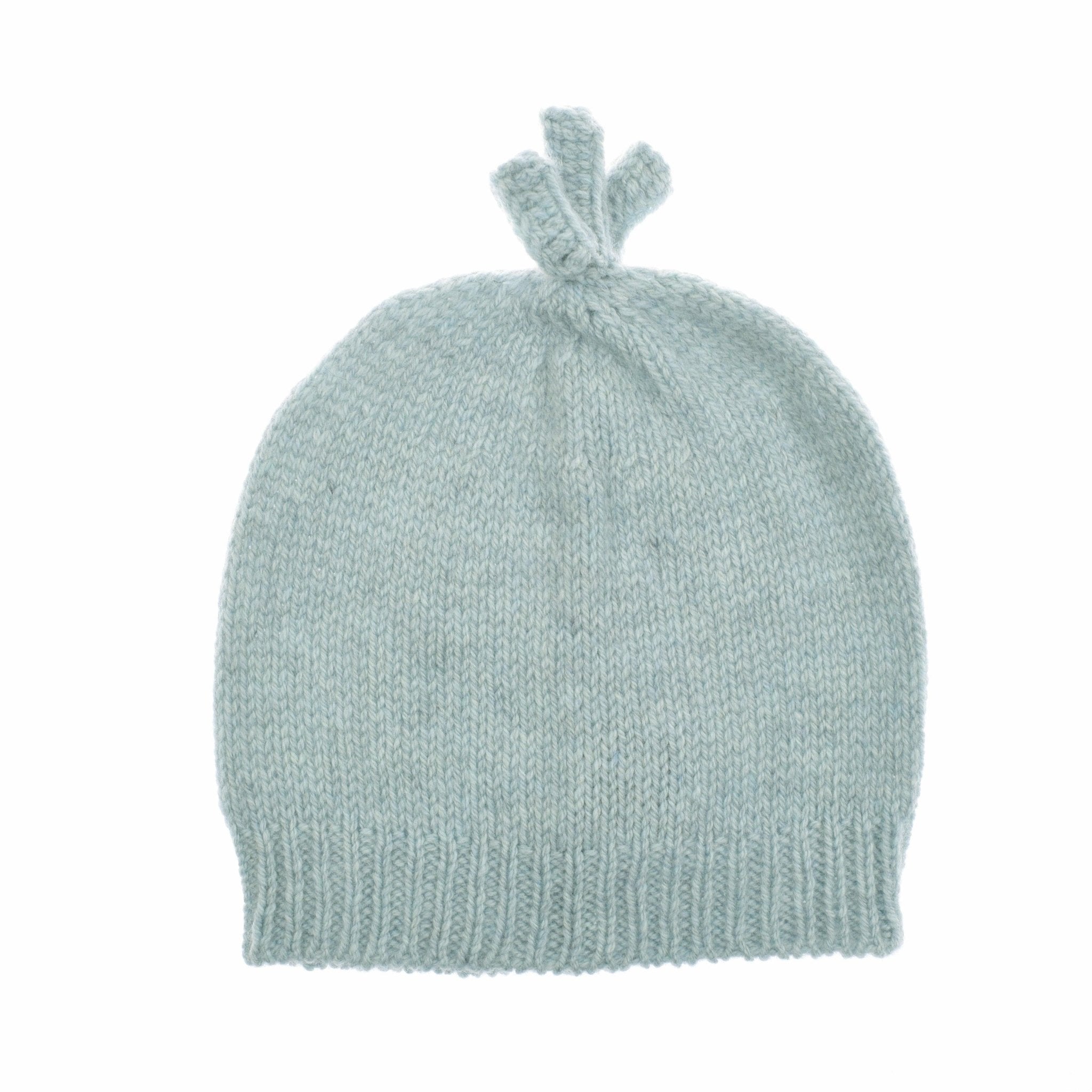 The Campbell's of Beauly Baby Lambswool Bonnet is a light blue hand-knitted beanie with a ribbed brim and knotted top, perfect for your baby, shown on a plain white background.