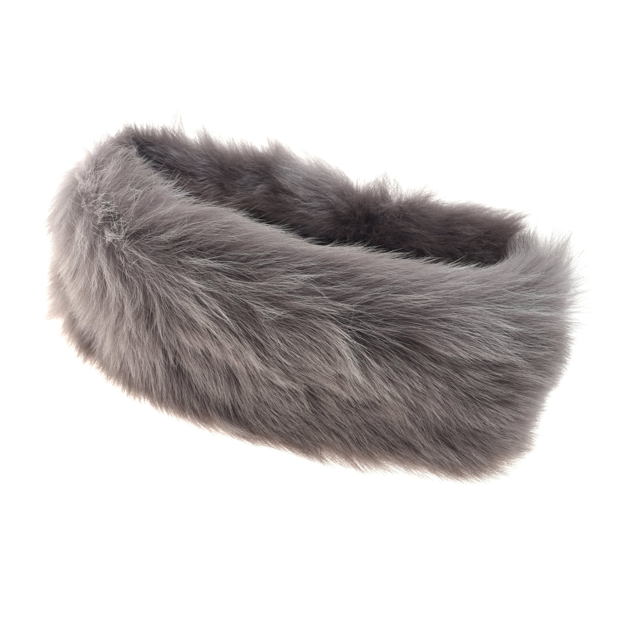 The Campbell's of Beauly Sheepskin Headband is a plush, gray luxury winter accessory made from faux fur, styled in a circular shape and displayed on a white background.