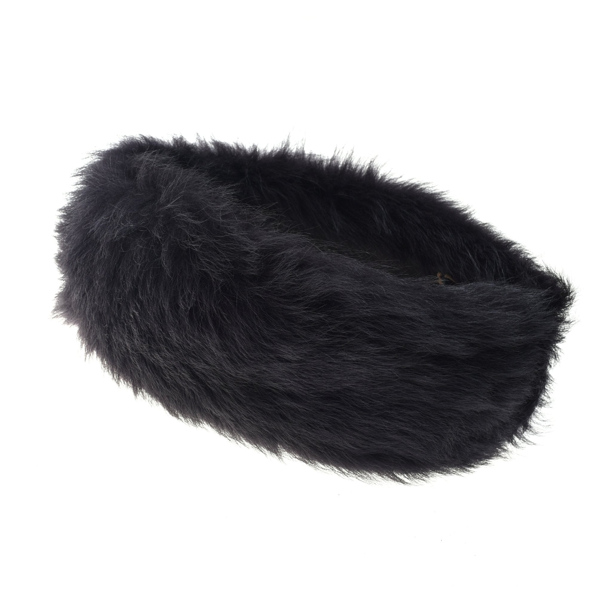 The Campbell's of Beauly Sheepskin Headband, a luxurious black circular winter accessory crafted from fluffy fur, is displayed against a white background.