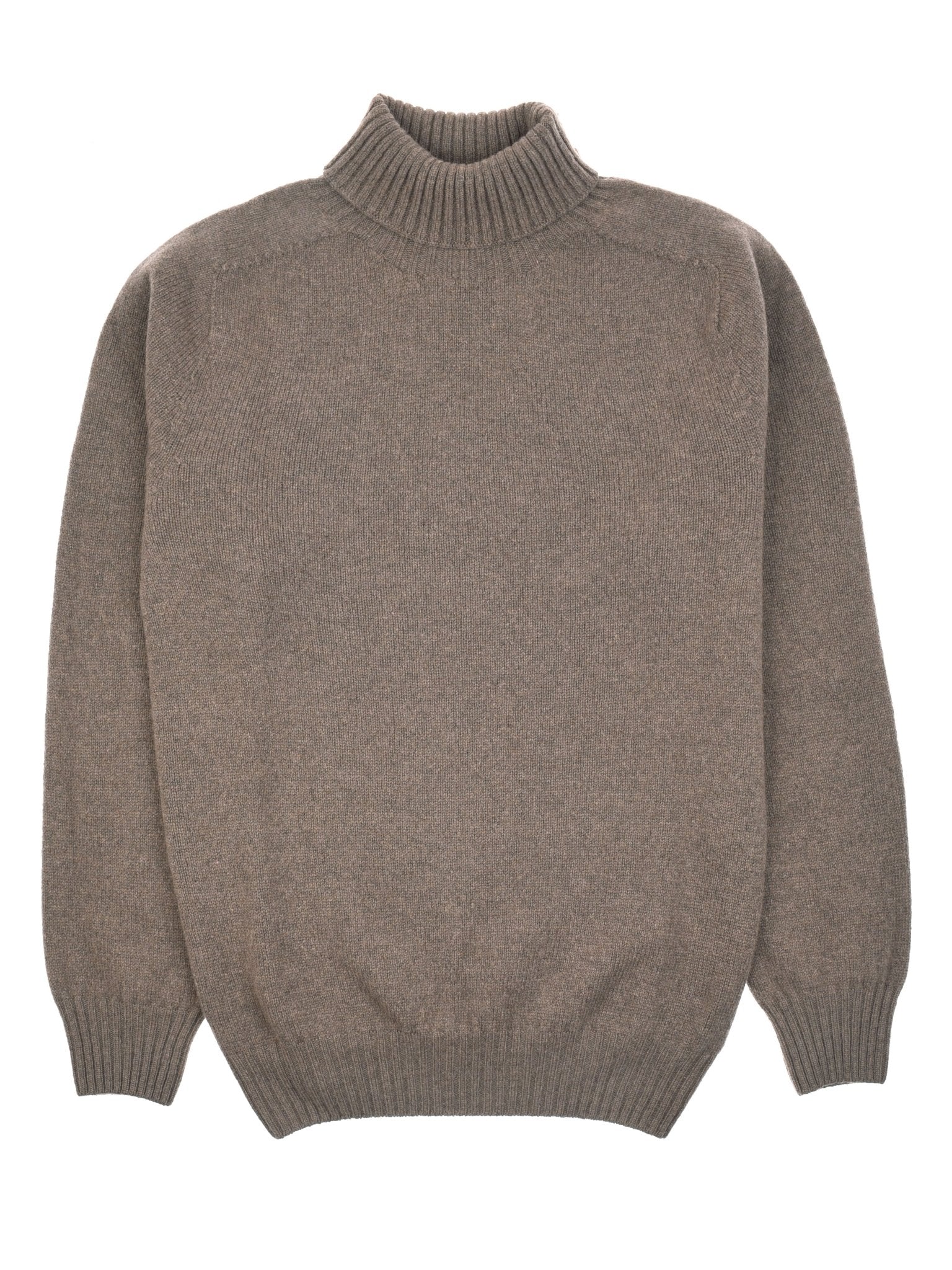 The Auld Stock Lambswool Roll Neck by Campbell's of Beauly is a plain, long-sleeved taupe roll neck sweater with ribbed cuffs, collar, and hem, crafted from superfine lambswool and shown laid flat on a white background.