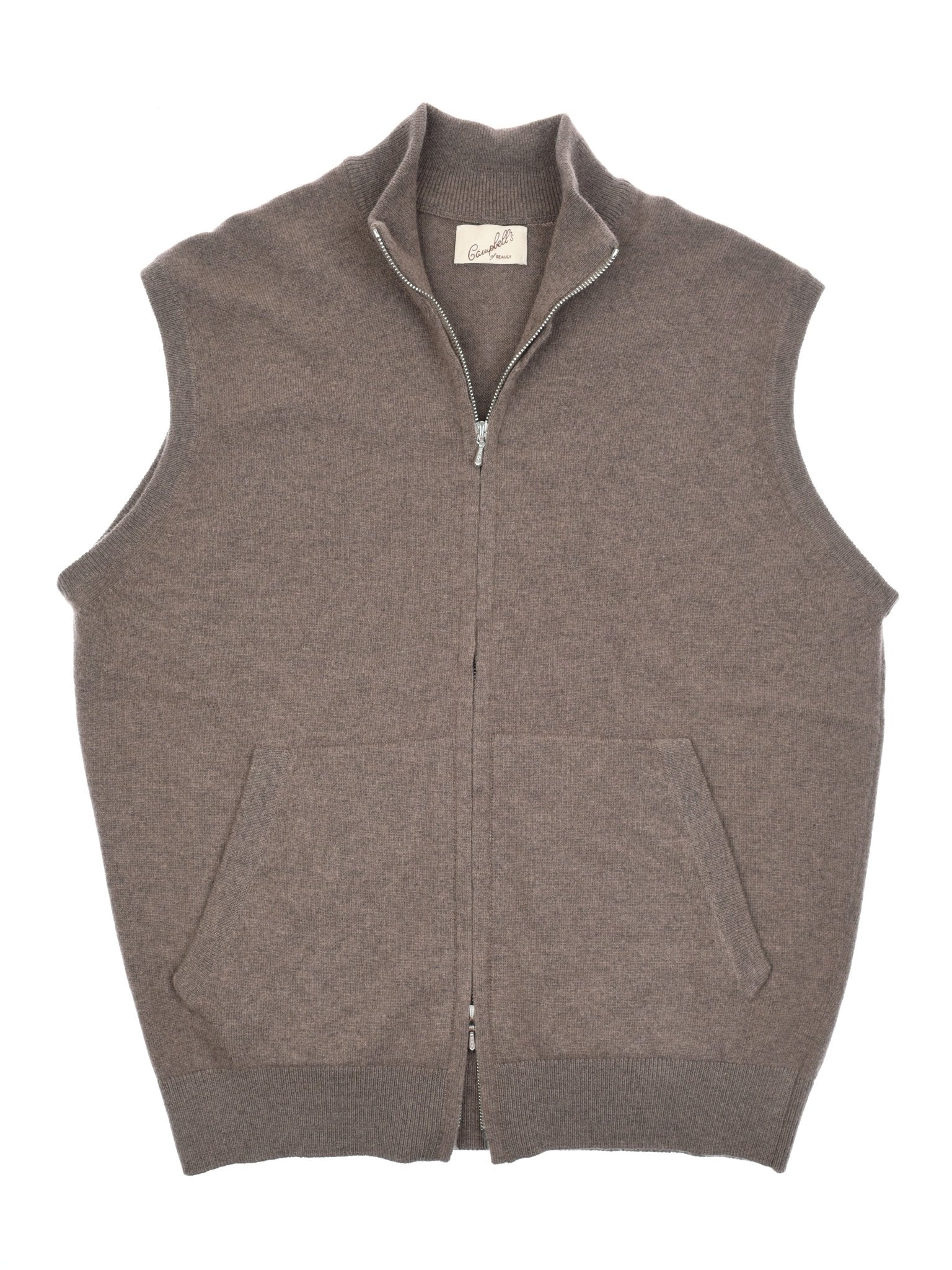 The Auld Stock Zip Gilet by Campbell's of Beauly is a brown Super Geelong wool sleeveless vest with a high collar and two front pockets, inspired by Scottish Borders craftsmanship and shown laid flat on a white background.