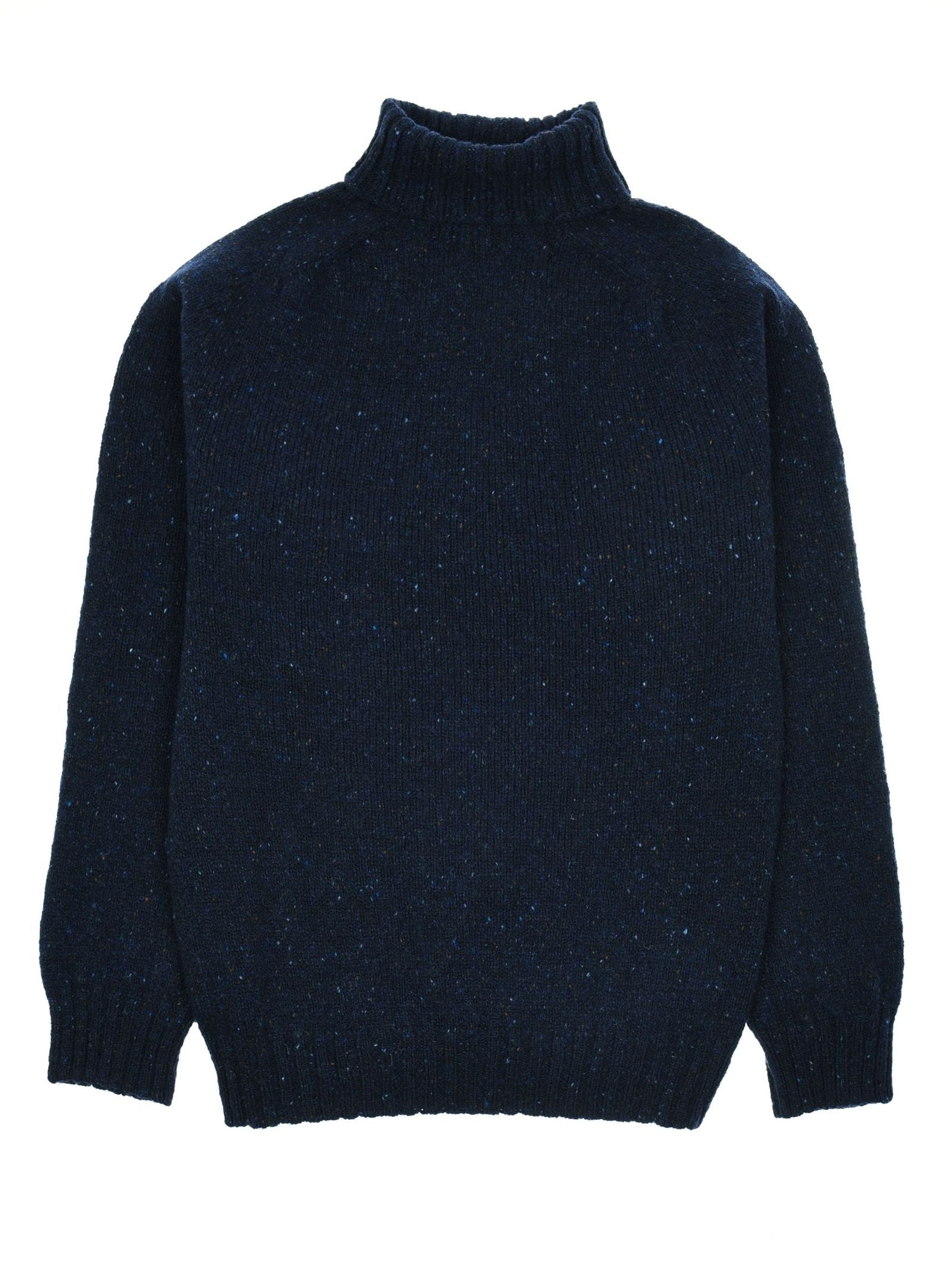 The Donegal Lambswool Roll Neck by Campbell’s of Beauly is a dark blue, long-sleeve turtleneck sweater featuring ribbed cuffs, collar, and hem, shown laid flat on a white background—an essential winter staple for any wardrobe.