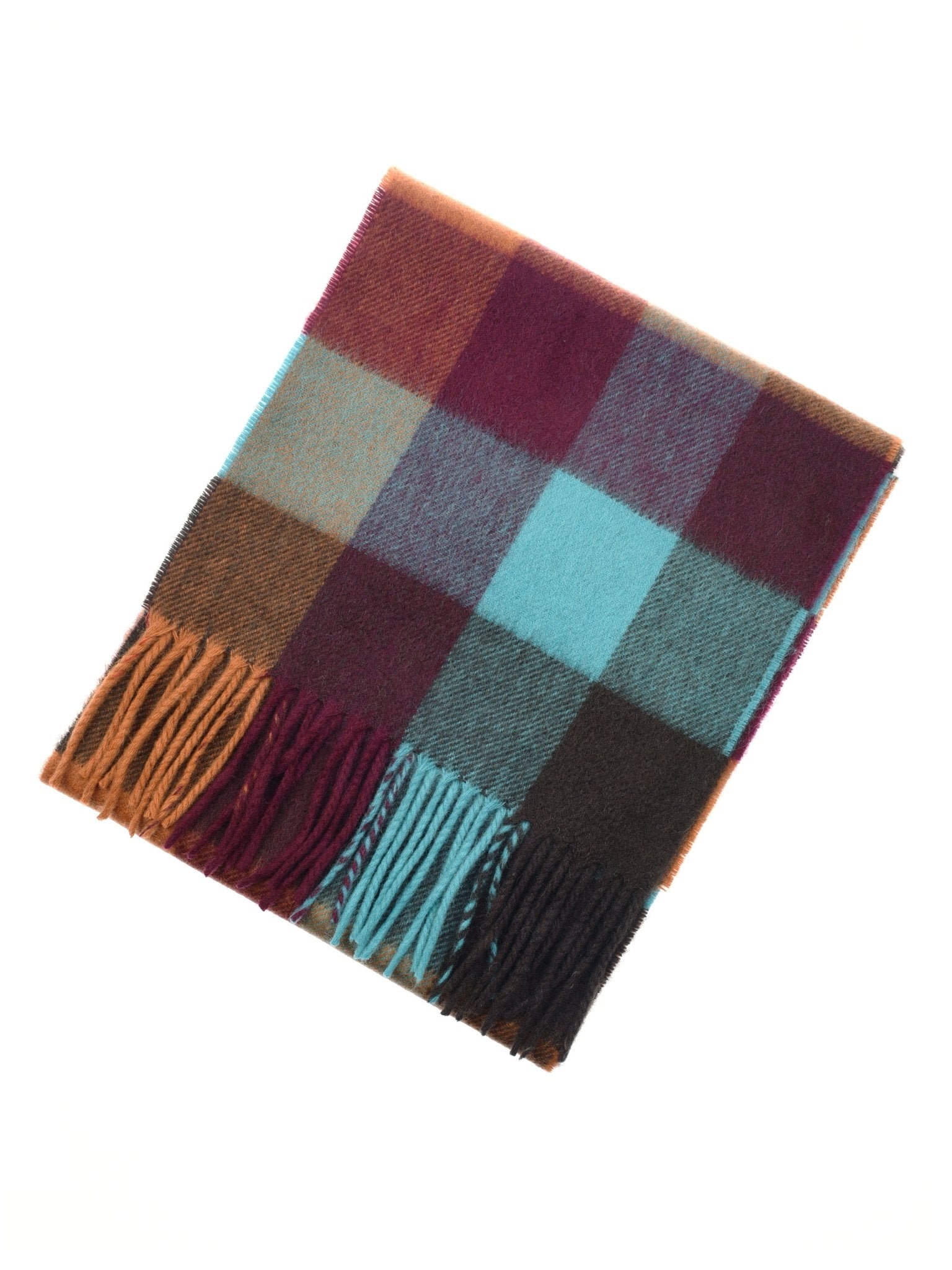 Campbell's of Beauly Unisex Cashmere Scarf, crafted in Scotland with a large burgundy, brown, orange, and teal check pattern and fringed edge—luxuriously displayed on a white background.
