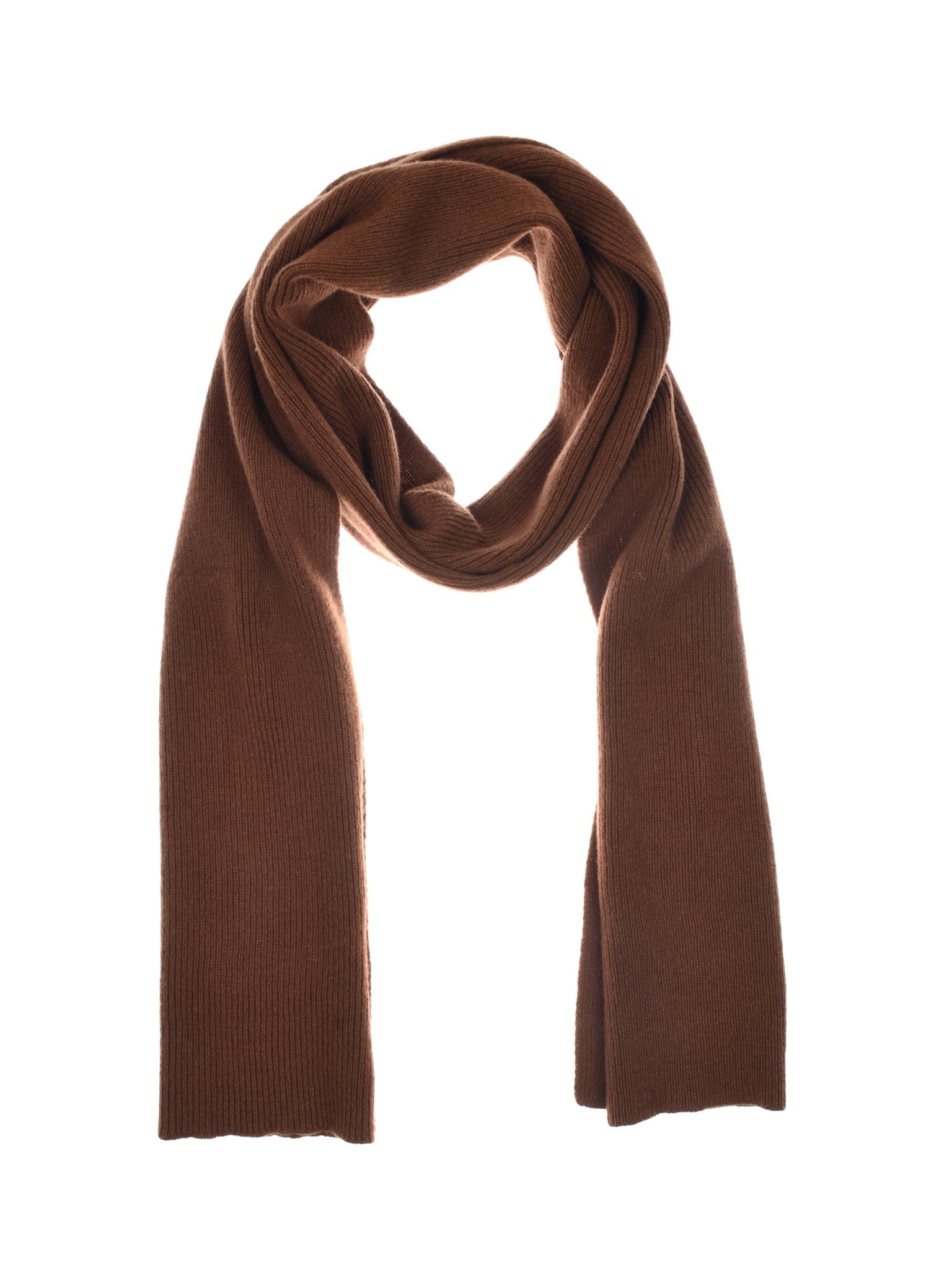 The Lambswool Rib Scarf by Campbell's of Beauly is displayed against a white background, its soft brown knit draped with both ends hanging down and the middle loosely looped—a timeless Scottish winter accessory.