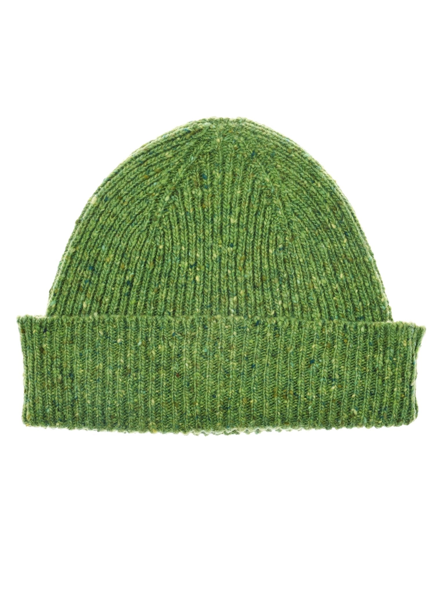 The Campbell's of Beauly Donegal Beanie, made with flecked green yarn and a folded brim, is shown on a white background.