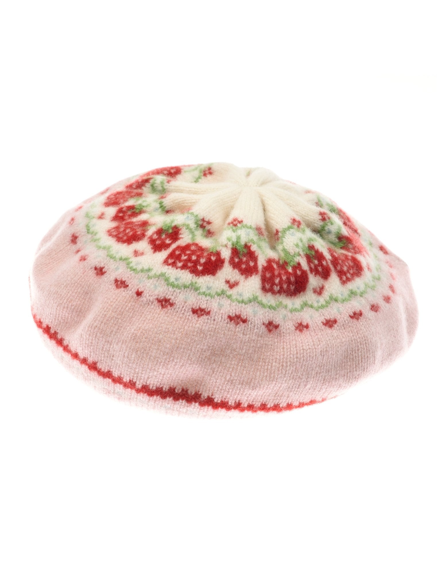 The Campbell's of Beauly Strawberry Beret is a pink lambswool hat featuring red strawberries, green leaves around the top, and white and red decorative details.