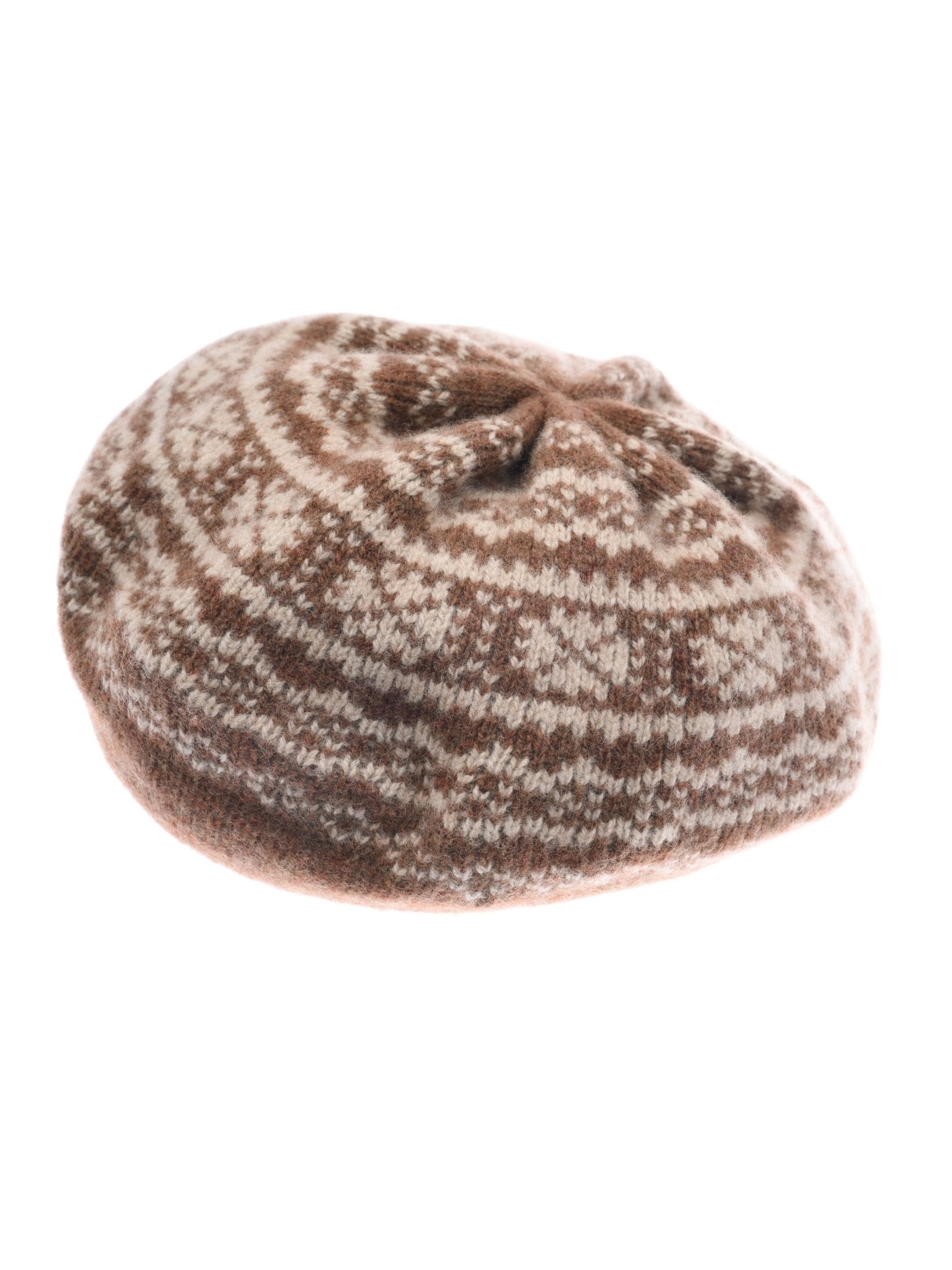 The Campbell's of Beauly Auld Stock Two-Colour Fairisle Beret is a knitted lambswool beret in brown and beige with a geometric pattern, inspired by traditional Scottish knitwear, shown on a white background.