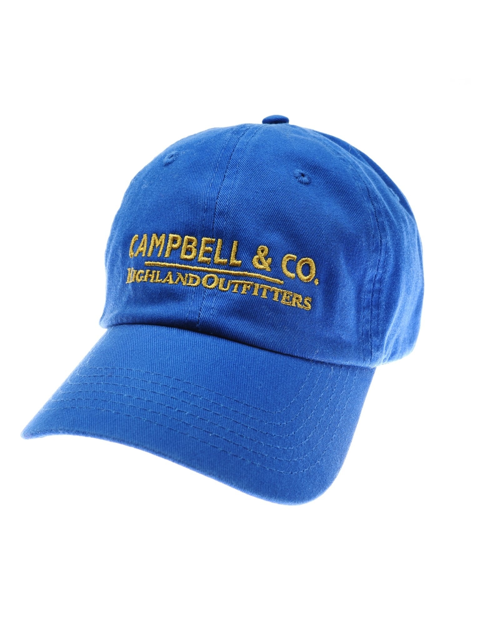 The Unisex Campbell's Baseball Cap by Campbell's of Beauly features yellow embroidered text on classic blue, shown angled on a white background—perfect for everyday wear.