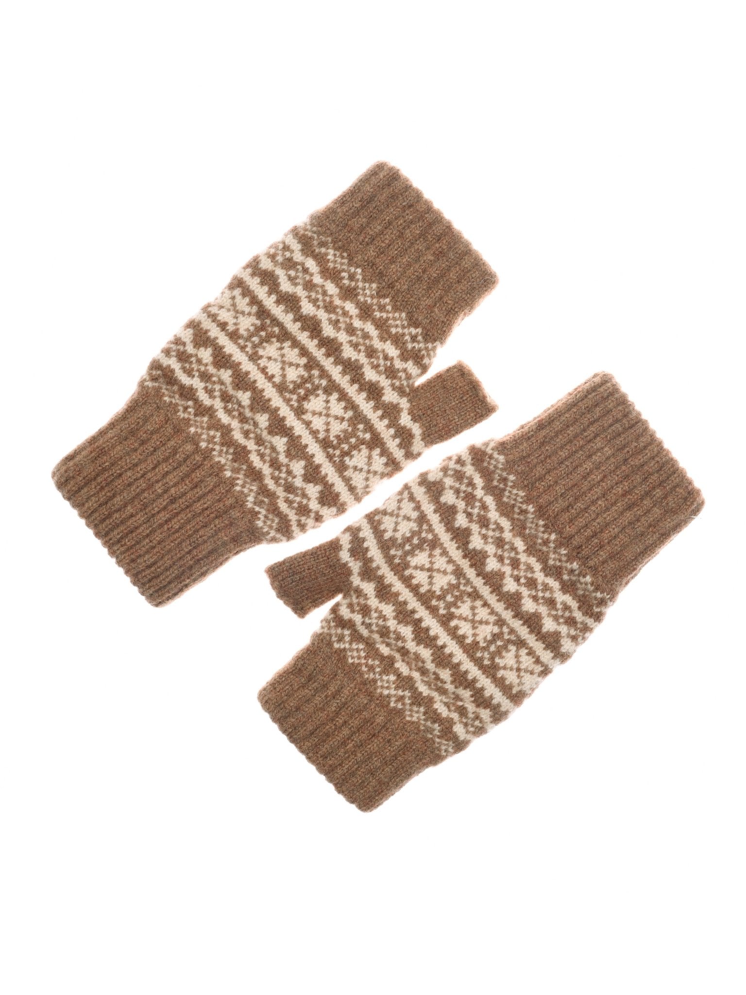 Campbell's of Beauly Auld Stock 2-Col Half Finger Gloves in chocolate: knitted lambswool gloves with a white fairisle pattern, laid flat on a white background, highlighting classic Scottish knitwear style.