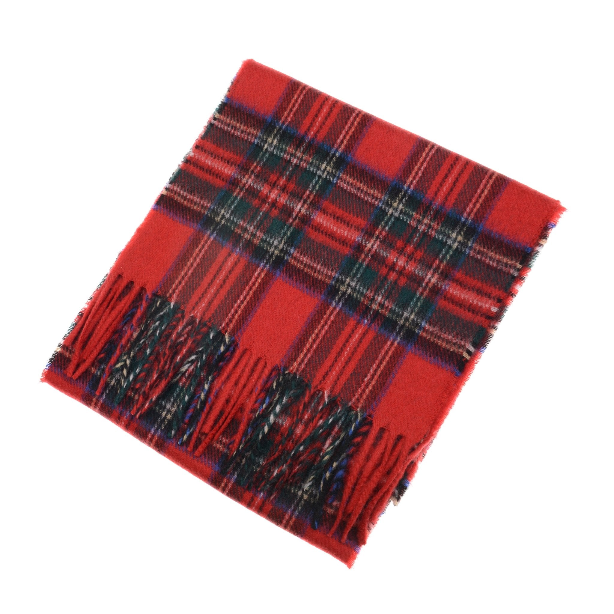 The Unisex Cashmere Tartan Scarf by Campbell's of Beauly features a folded red Scottish Borders design with classic black, green, and yellow stripes and fringed edges.
