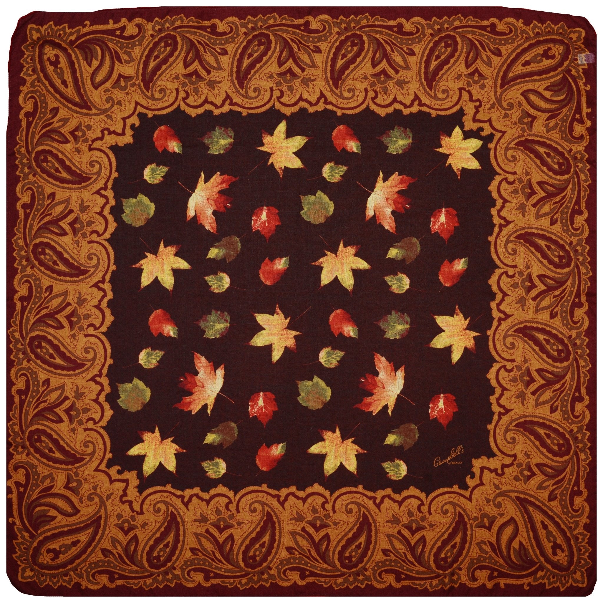 The Campbells of Beauly Wool & Silk Scarf features a rich brown hue with autumn leaf motifs and a gold paisley border, offering a luxurious accessory that showcases fine Italian craftsmanship.