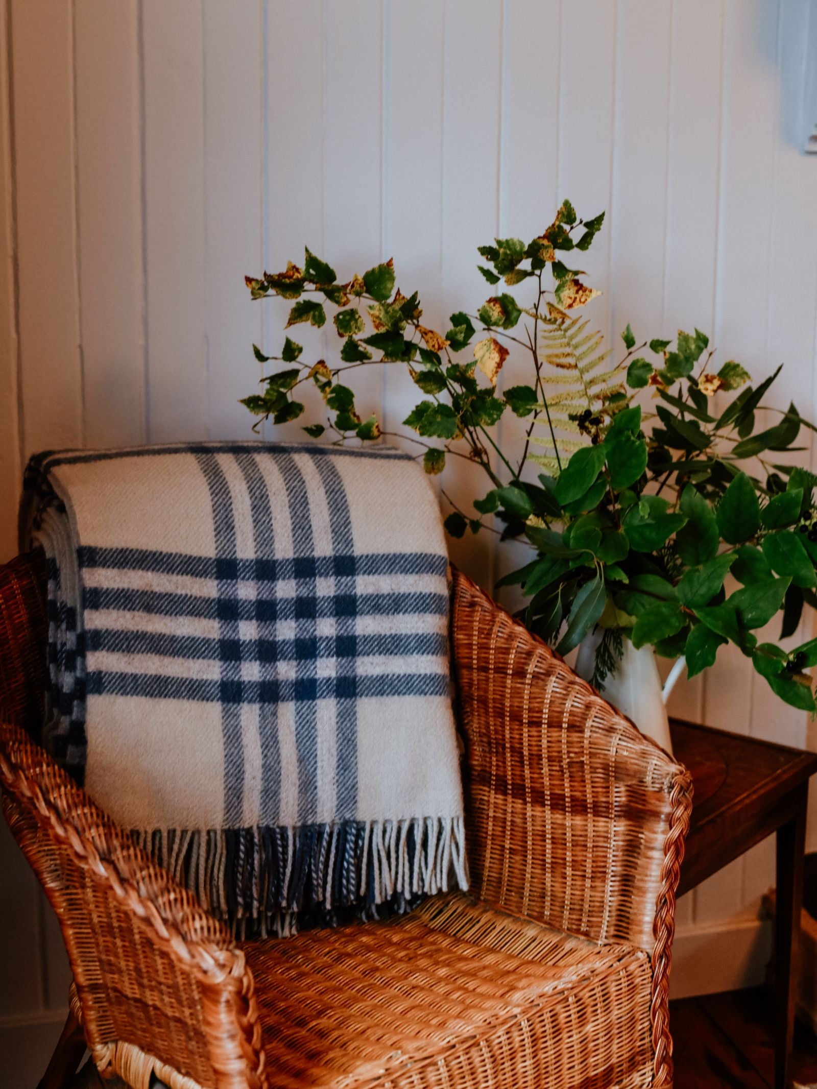 A wicker chair with a Campbell's of Beauly Tarradale Lambswool Throw draped over the back sits next to a small wooden table topped with leafy branches in a vase, all set against a white paneled wall.