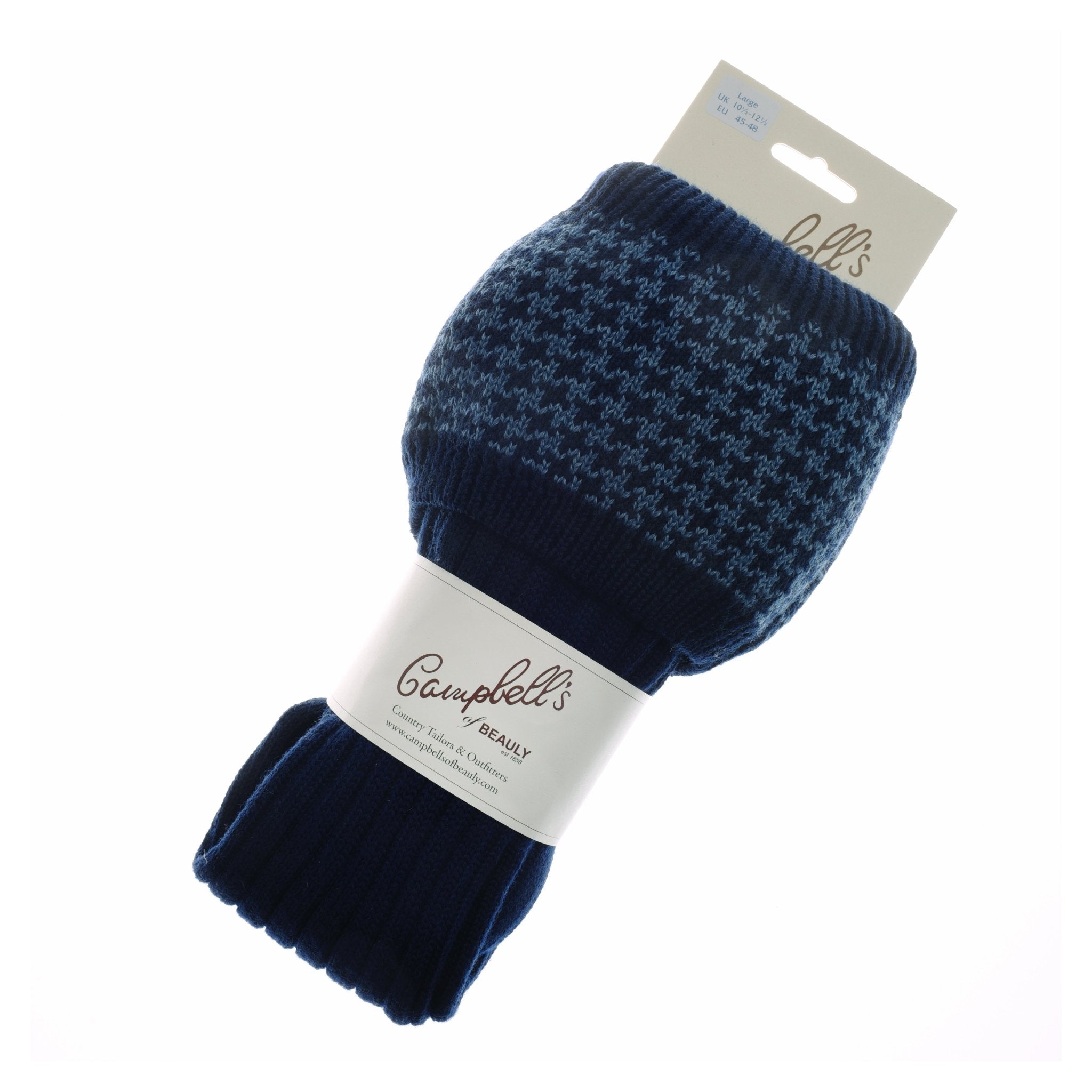A pair of Campbells of Beauly Houndstooth Shooting Socks in navy/blue, neatly folded with the brand’s label against a white background—ideal for fans of classic Scottish knitwear.