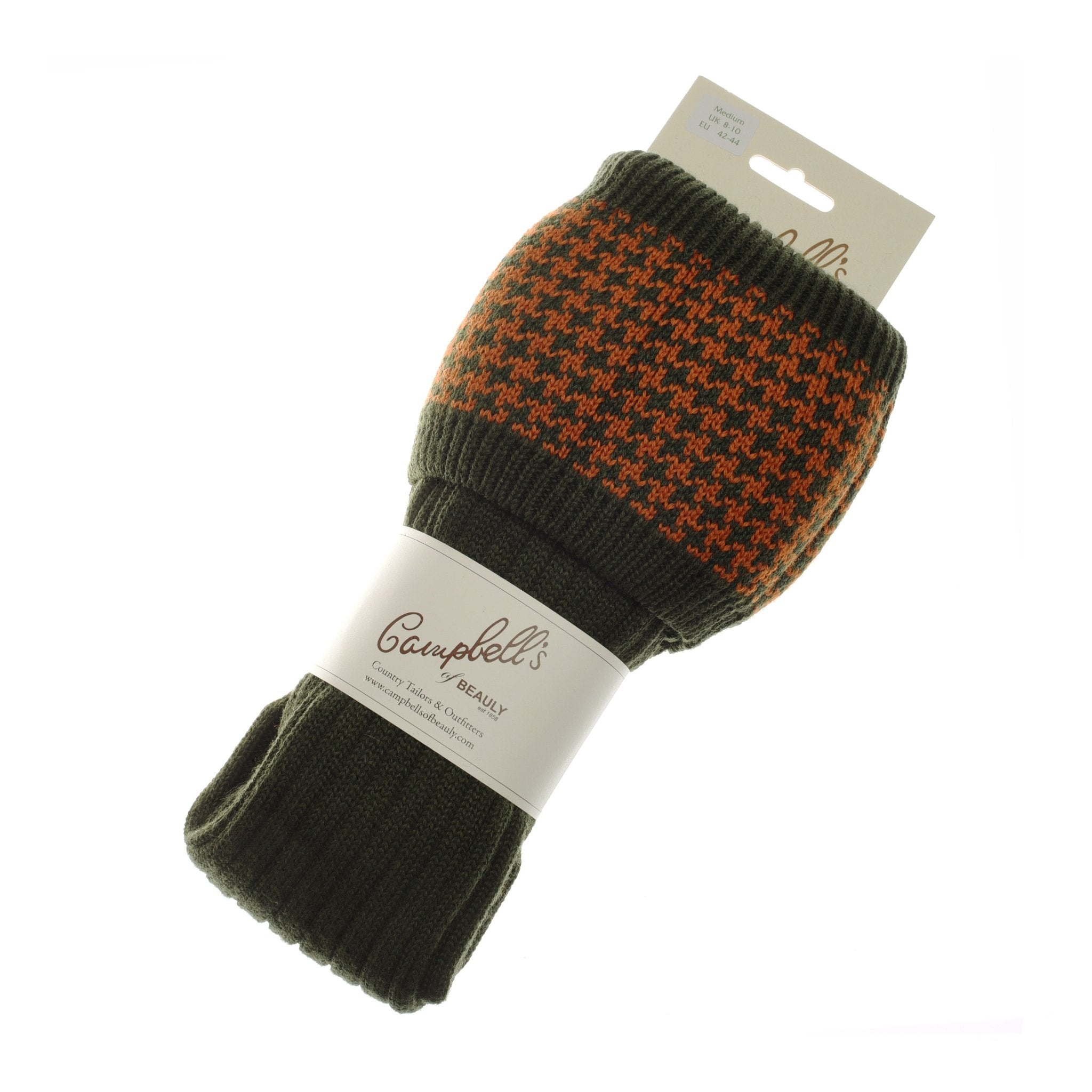 A pair of spruce and orange Houndstooth Shooting Socks from Campbells of Beauly, neatly folded with its branded label and a beige product tag attached.
