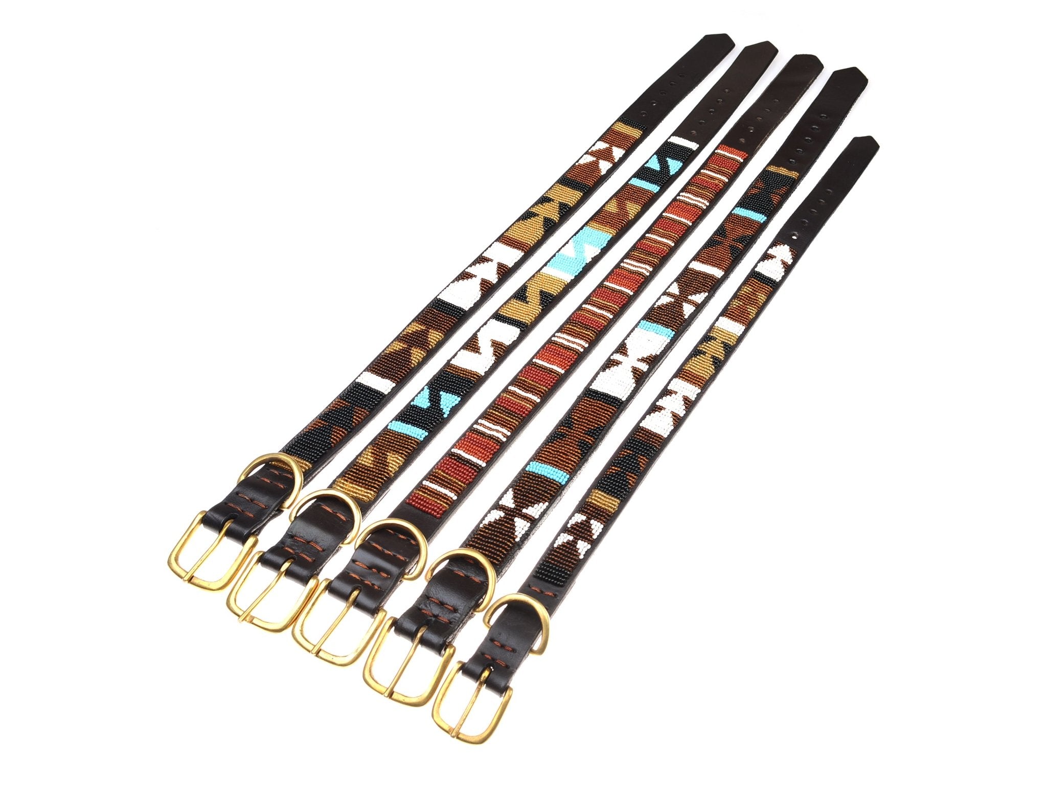 Five Campbell's of Beauly Auld Stock Dog Collars, handmade with beaded geometric designs in earthy colors and gold-colored buckles, are displayed side by side on a white background.