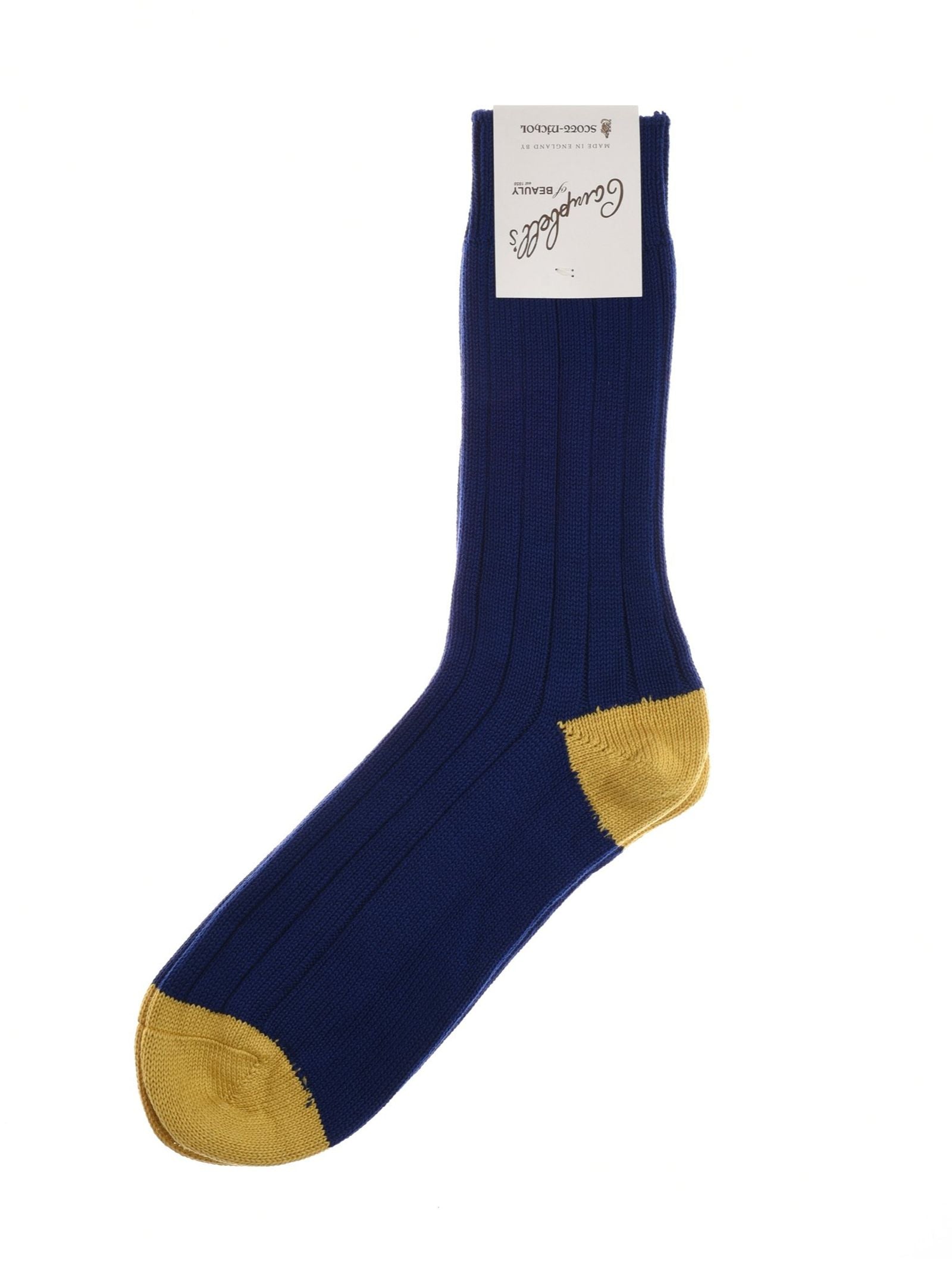 An Admiral blue ribbed cotton Oxford Sock by Campbell’s of Beauly, featuring a yellow toe and heel, designed for everyday wear, displayed on a white background with a branded tag attached at the top.
