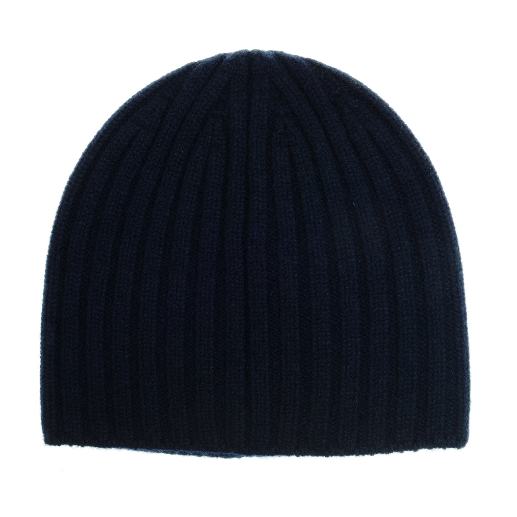 The Campbells of Beauly Cashmere Rib Beanie in navy is displayed on a white background, offering warmth and style.
