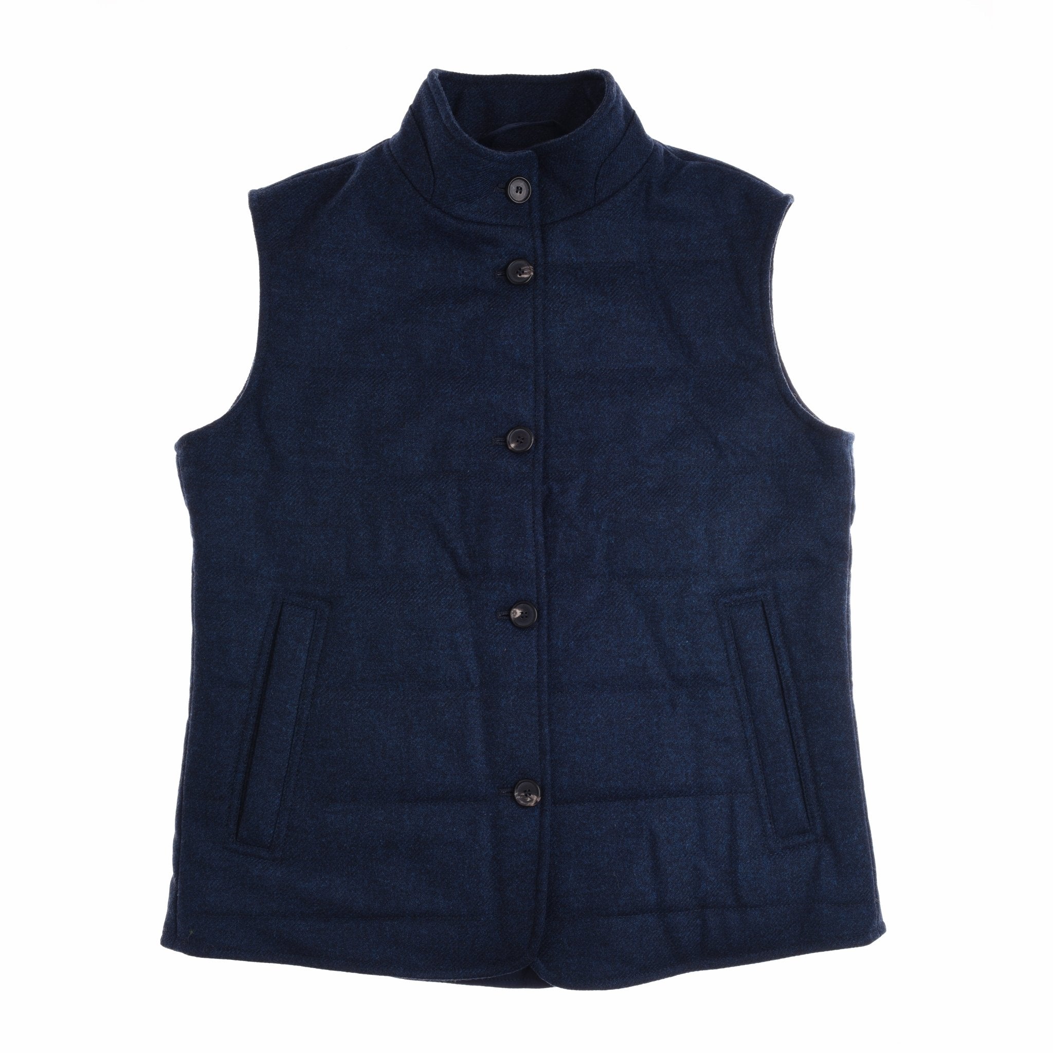 The Auld Stock Quilted Buttoned Gilet by Campbell's of Beauly is a navy, sleeveless vest with a high collar and four buttons, laid flat on a white background—an ideal layering piece inspired by classic British tweed style.