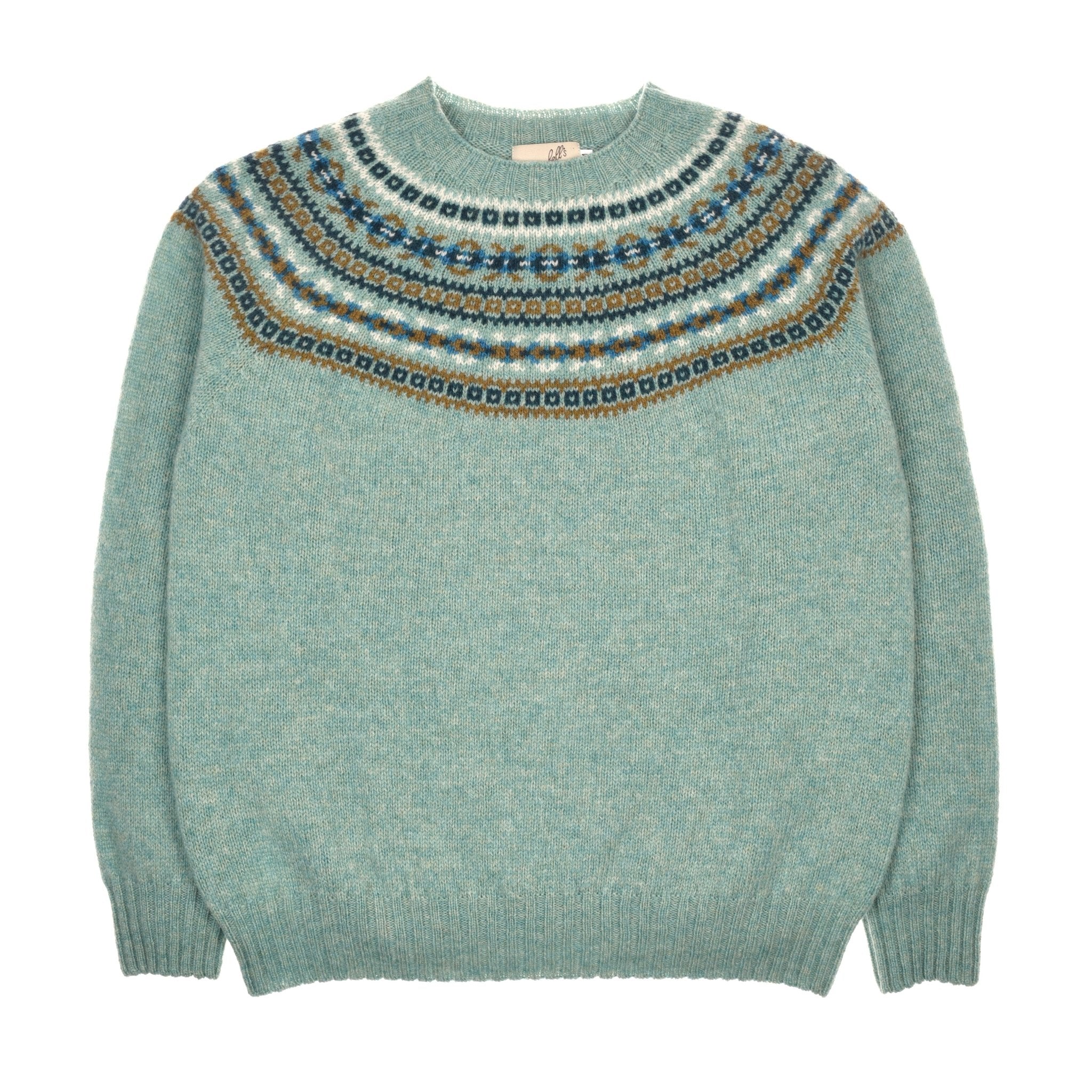 The Campbell's of Beauly Fairisle Crew Jumper is a pale blue sweater, knitted in Scotland from soft Geelong lambswool, with a classic brown, blue, and white Fair Isle yoke pattern.