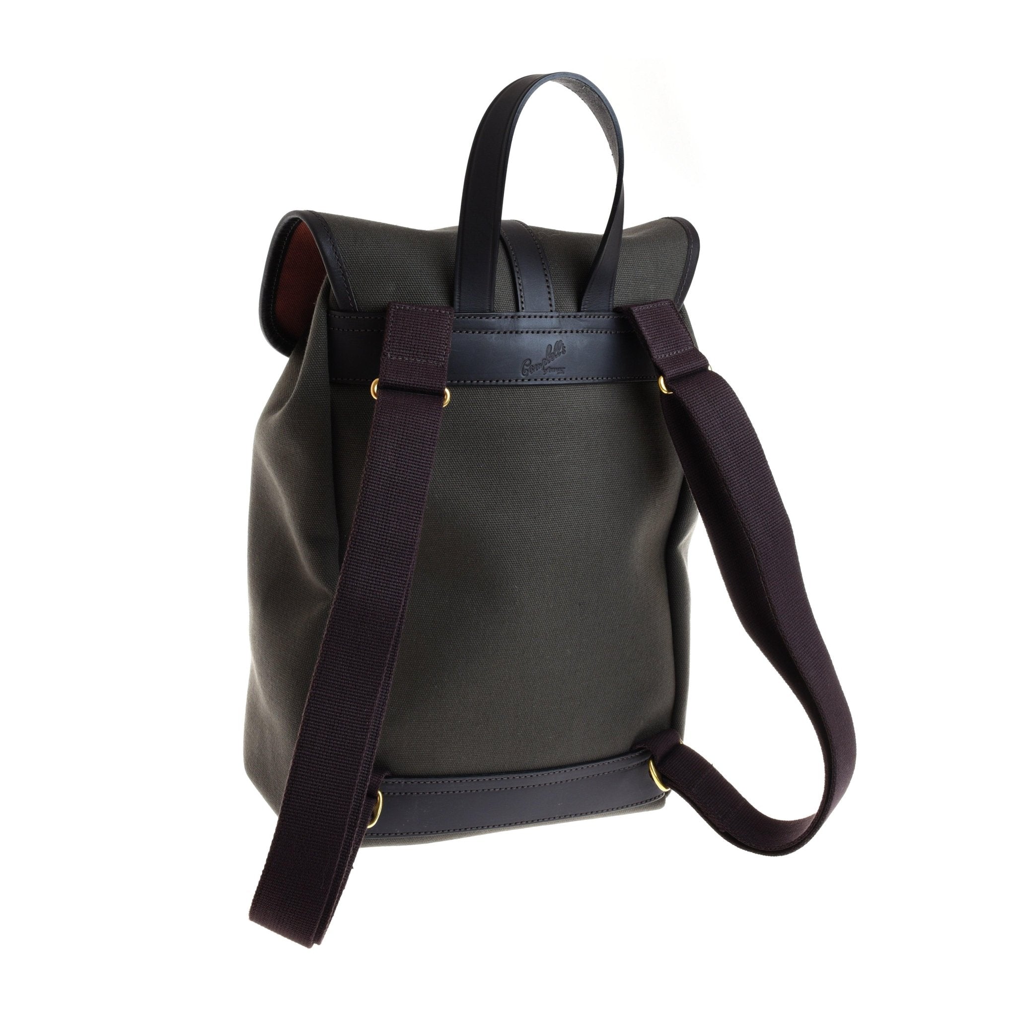 The Campbell's of Beauly Canvas Rucksack features a dark hue, leather trim, visible back stitching, two adjustable shoulder straps, and a top handle, displayed against a white background.