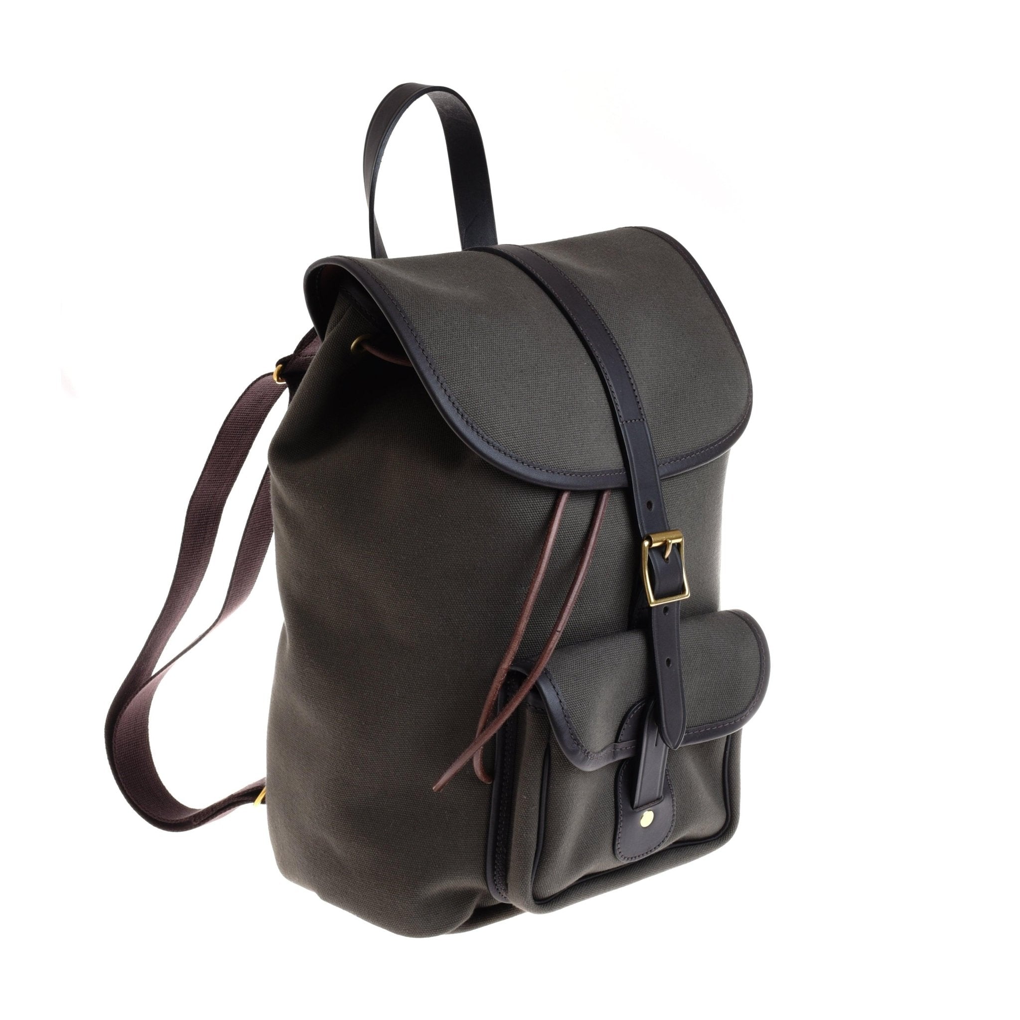 The Campbell's of Beauly Canvas Rucksack is a dark green bag with a front pocket, leather trim straps, and brass buckle accents, displayed against a white background.