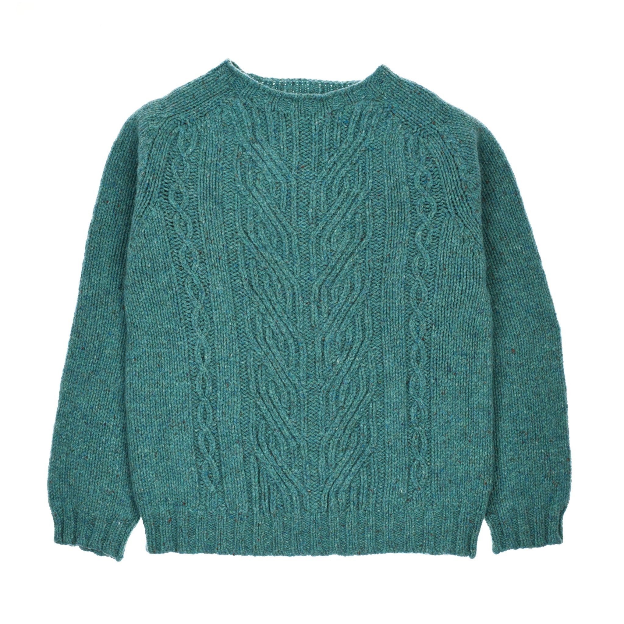 The Donegal Lambswool Cable Crew Neck Jumper by Campbells of Beauly in Uist features long sleeves, ribbed cuffs and hem, and an intricate cable knit—crafted for warmth and style as a winter essential.