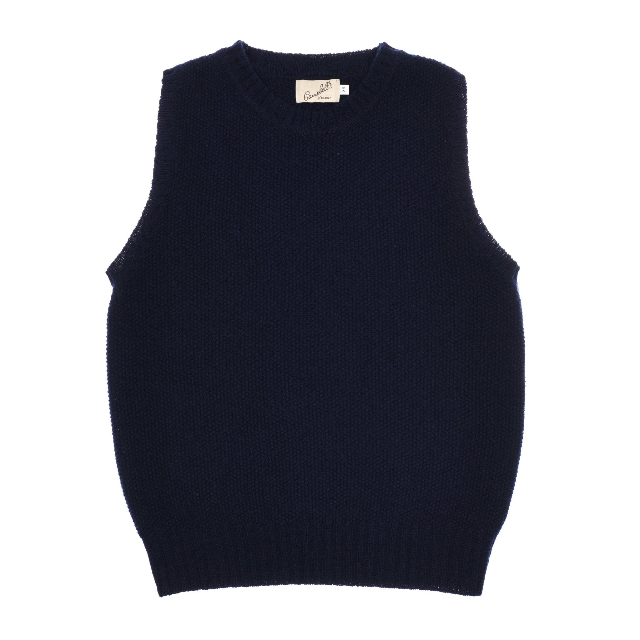 The Campbell's of Beauly Auld Stock Moss Stitch Crew Tank is a fine gauge, sleeveless navy knit sweater vest with a crew neckline and ribbed hem, made in Scotland and shown flat on a white background.