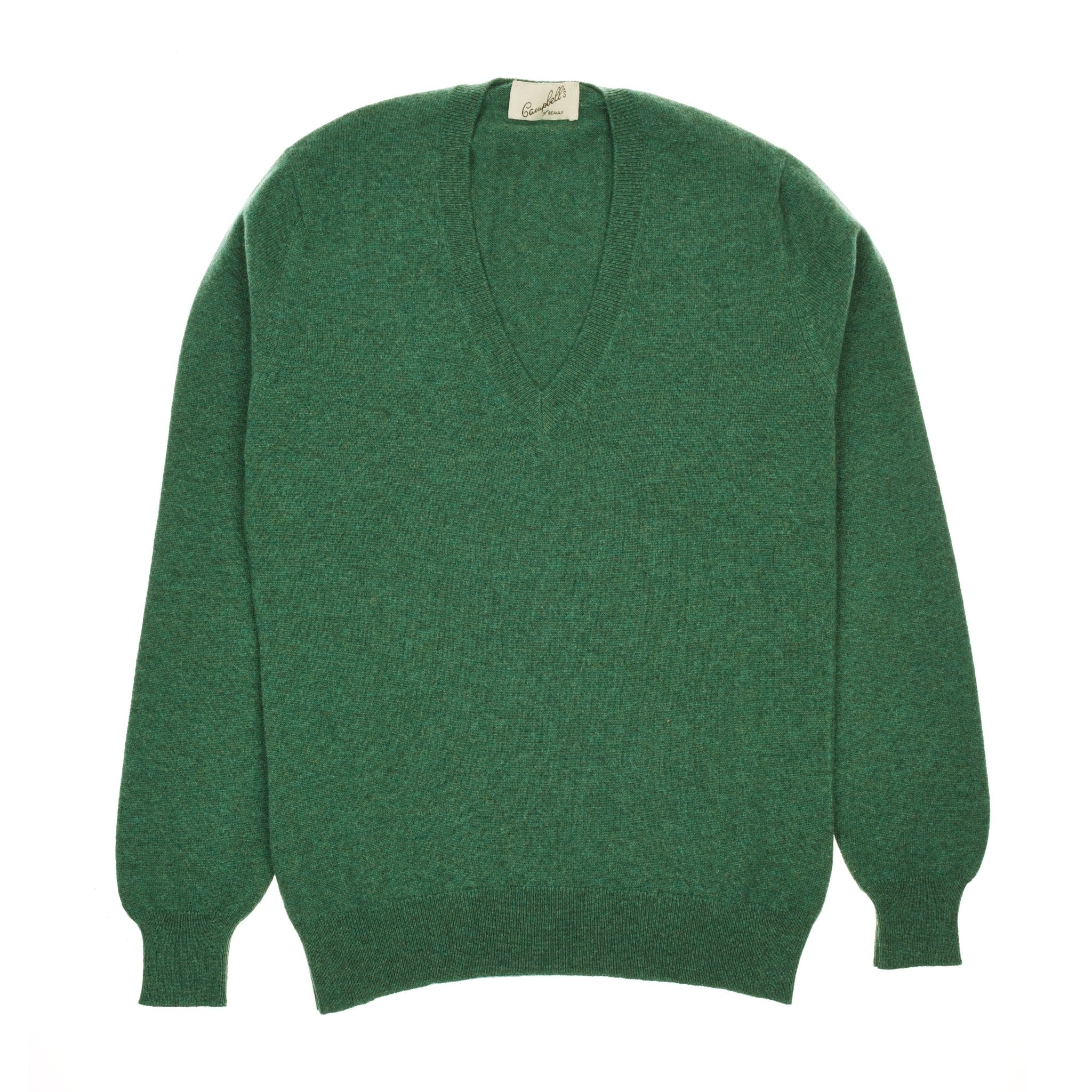 The Auld Stock Cashmere V-Neck Jumper by Campbell's of Beauly is a green, slim-fit jumper with long sleeves, ribbed cuffs and hem, crafted from luxurious Scottish cashmere and laid flat on a white background.