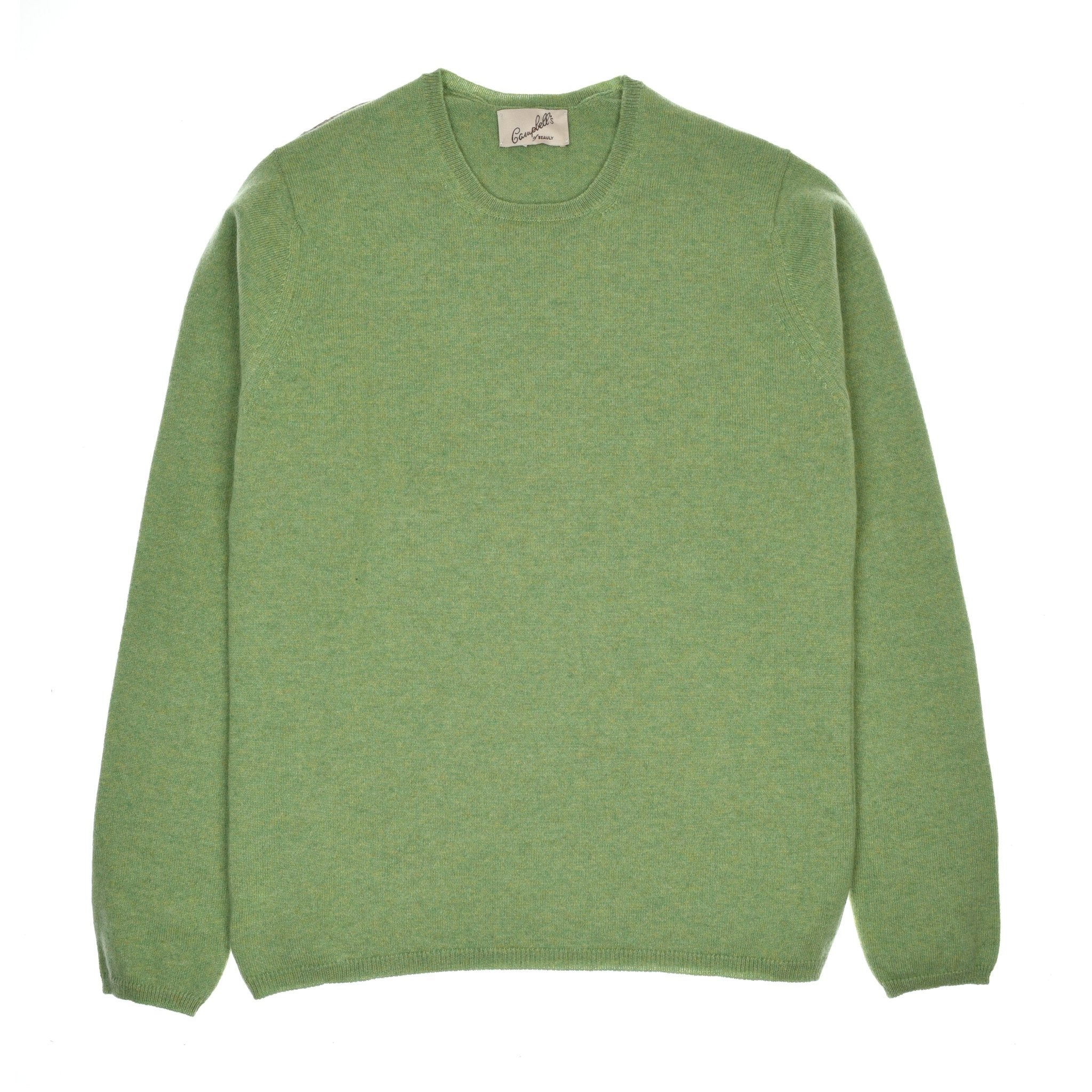 The Campbells of Beauly Cashmere Crew Neck in Foliage, a plain long-sleeved jumper, is laid flat on a white background, reflecting the timeless elegance of the Scottish Borders.