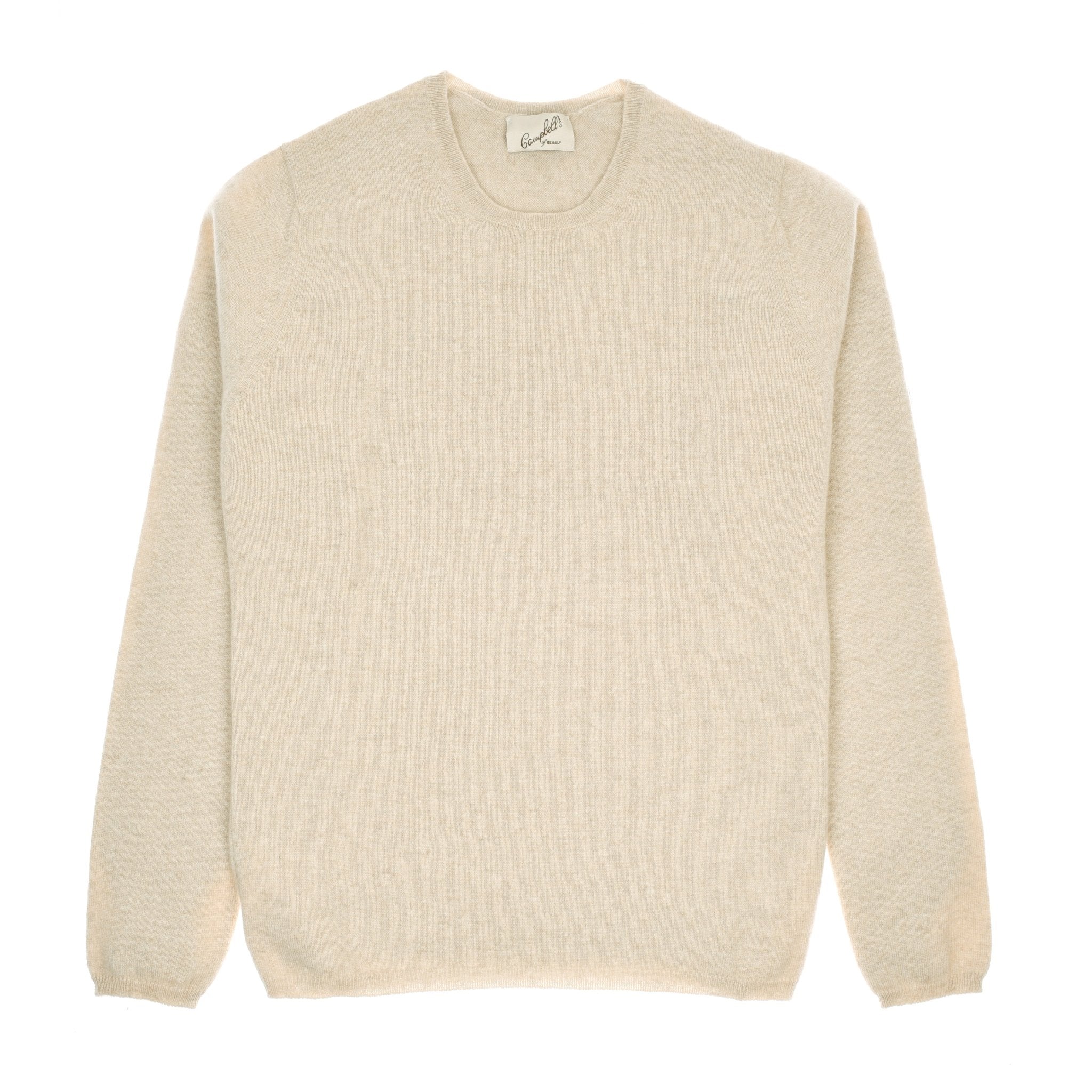 The Campbells of Beauly Cashmere Crew Neck in oatmeal is a plain, long-sleeve sweater with a classic, pattern-free design, shown laid flat on a white background.