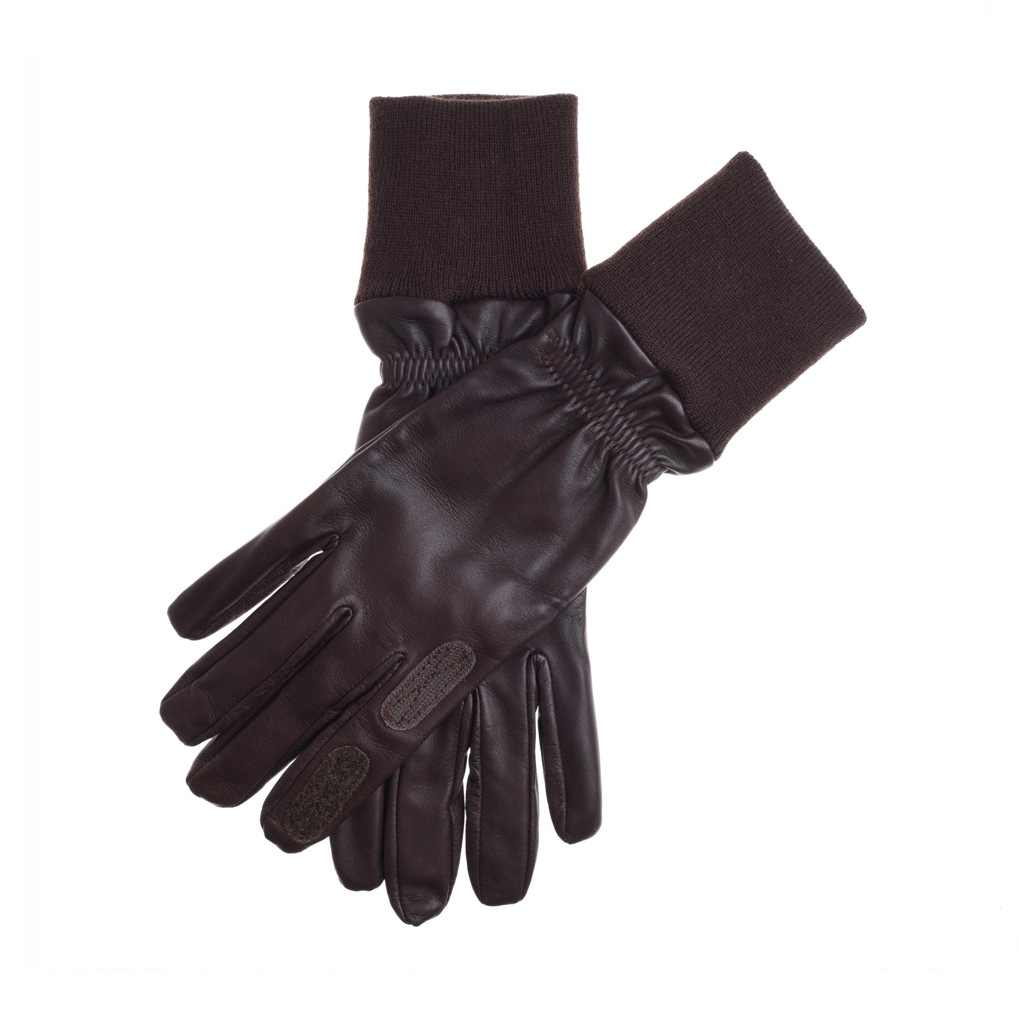Campbell's of Beauly Unisex Shooting Gloves, featuring dark brown leather and ribbed knit cuffs, are displayed flat on a white background with one glove placed atop the other.