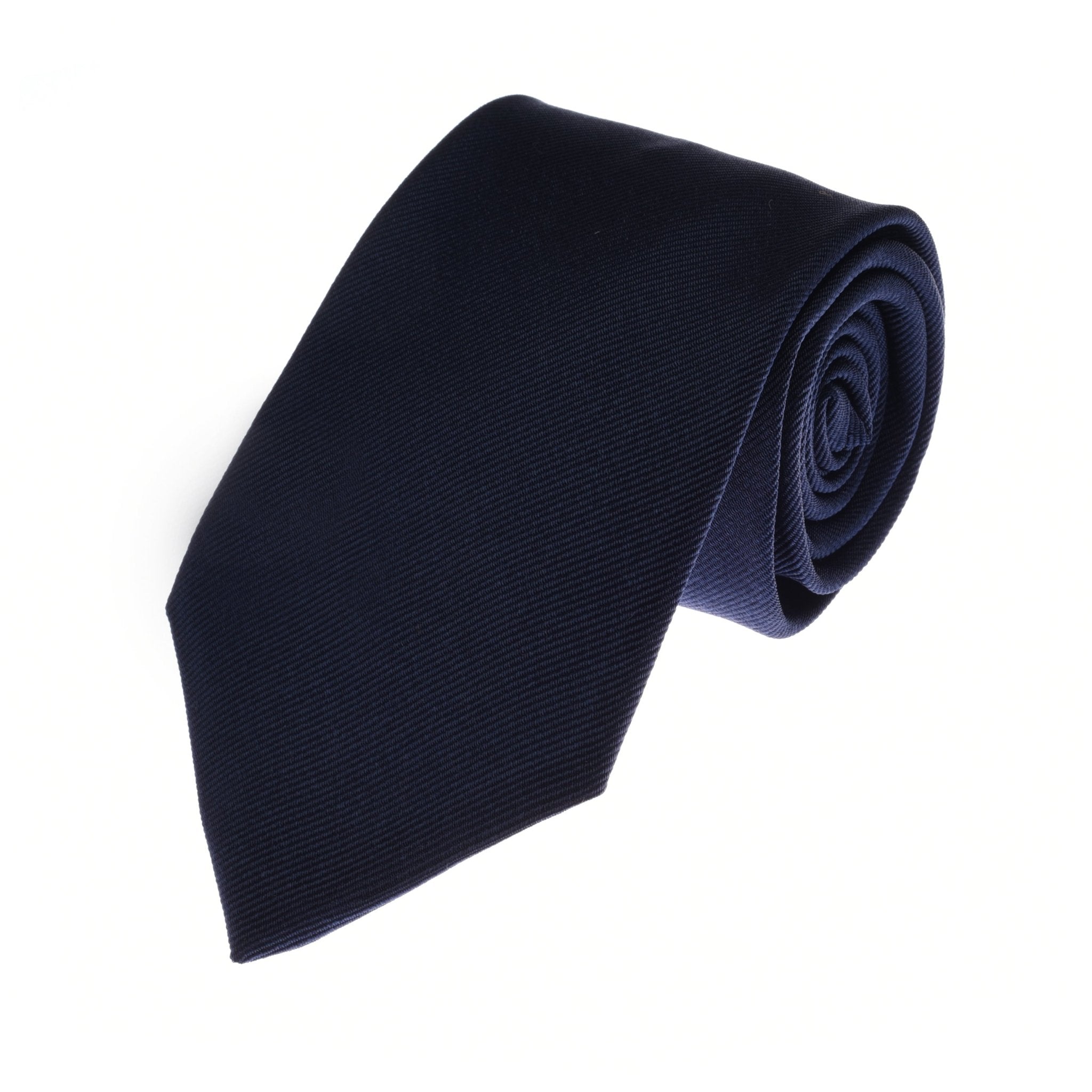 The Campbells of Beauly Plain Silk Tie in navy, crafted from premium silk, is shown neatly rolled on a white background.