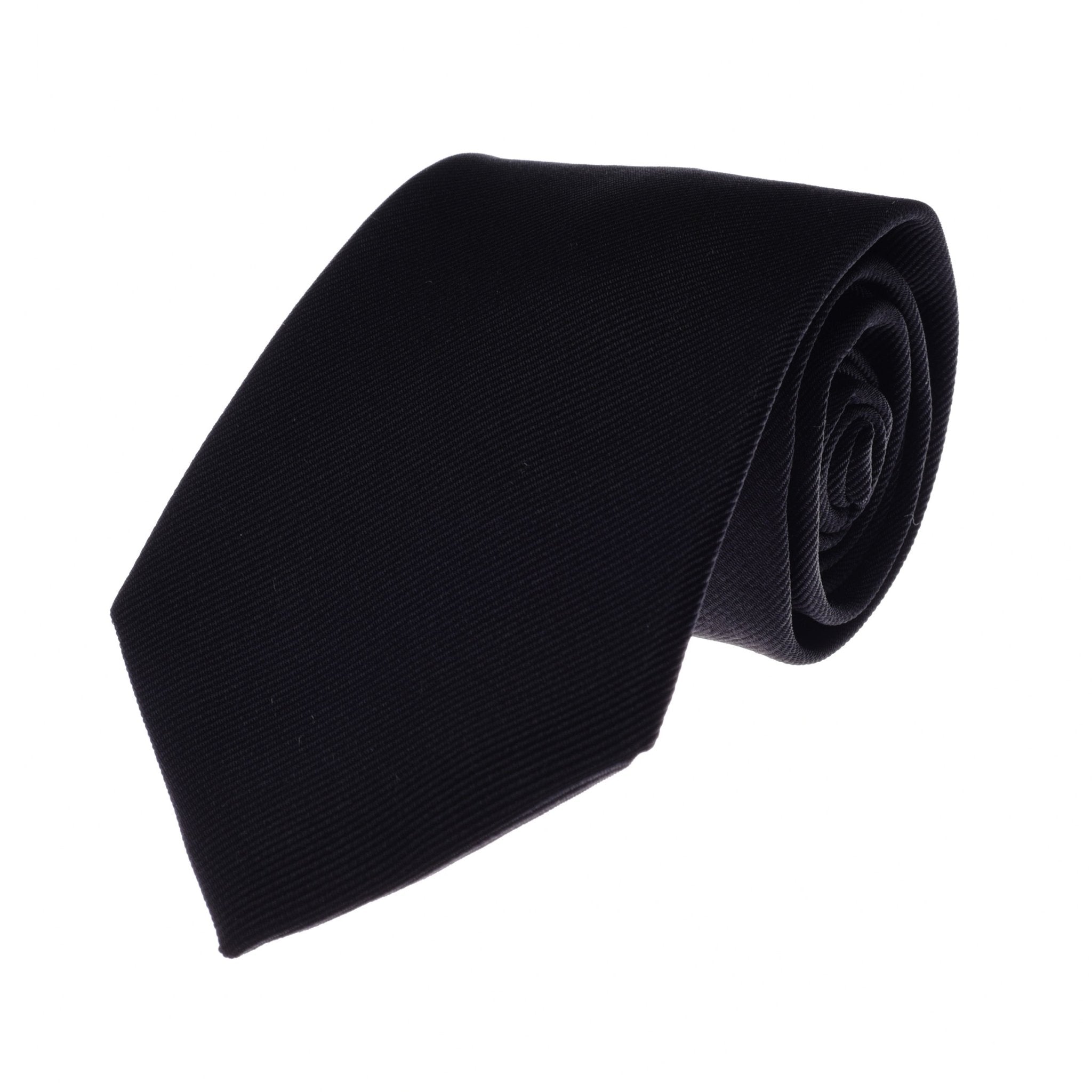 The Campbells of Beauly Plain Silk Tie in black, featuring a classic design, is neatly rolled and displayed on a white background.