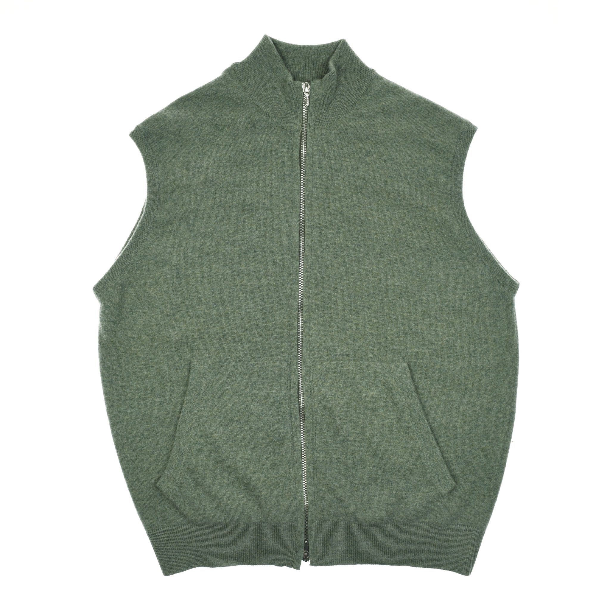 The Auld Stock Zip Gilet by Campbell's of Beauly is a green, sleeveless Super Geelong wool knit with a stand-up collar, zip front, and two pockets, shown laid flat on a white background.