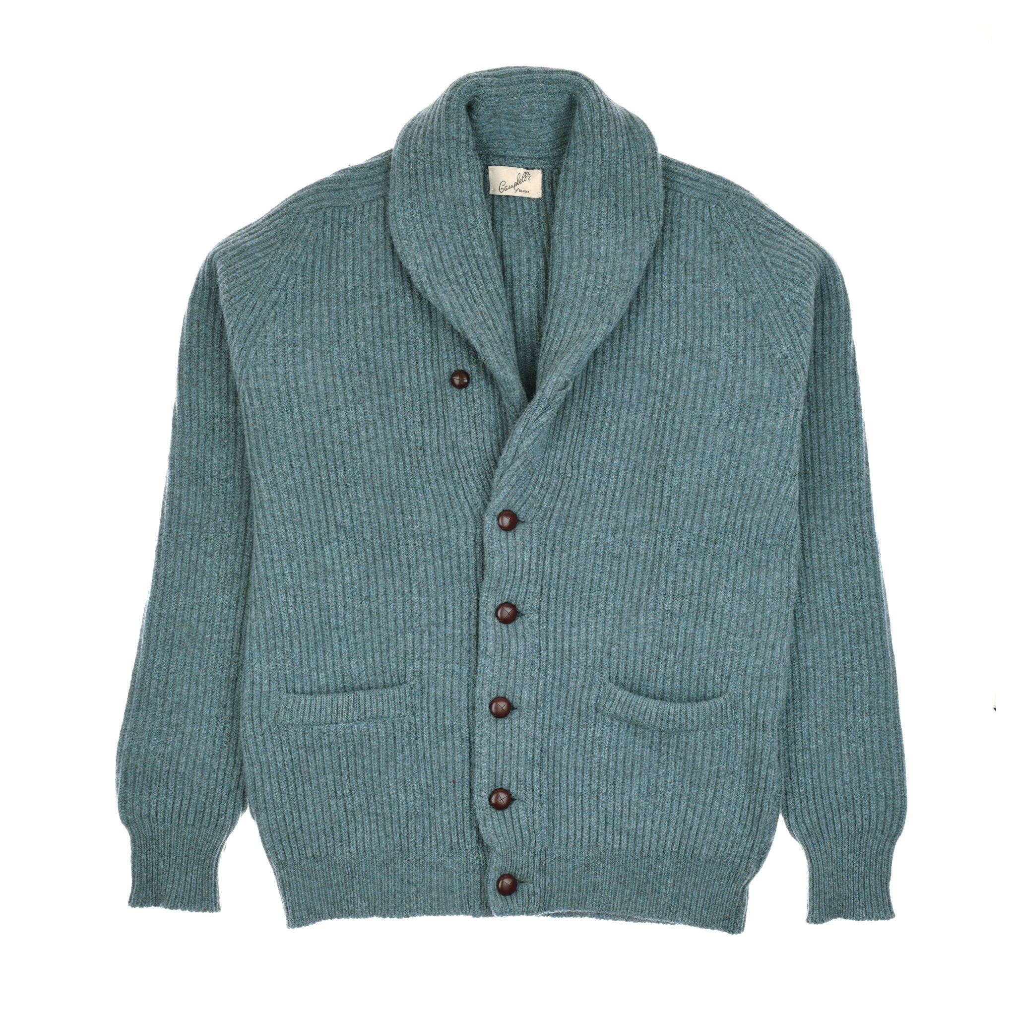 The Campbells of Beauly Shawl Collar Cardigan in Caspian features a ribbed-knit lambswool design with dark buttons, long sleeves, and two front pockets—an essential winter piece for the modern country gentlemans wardrobe.