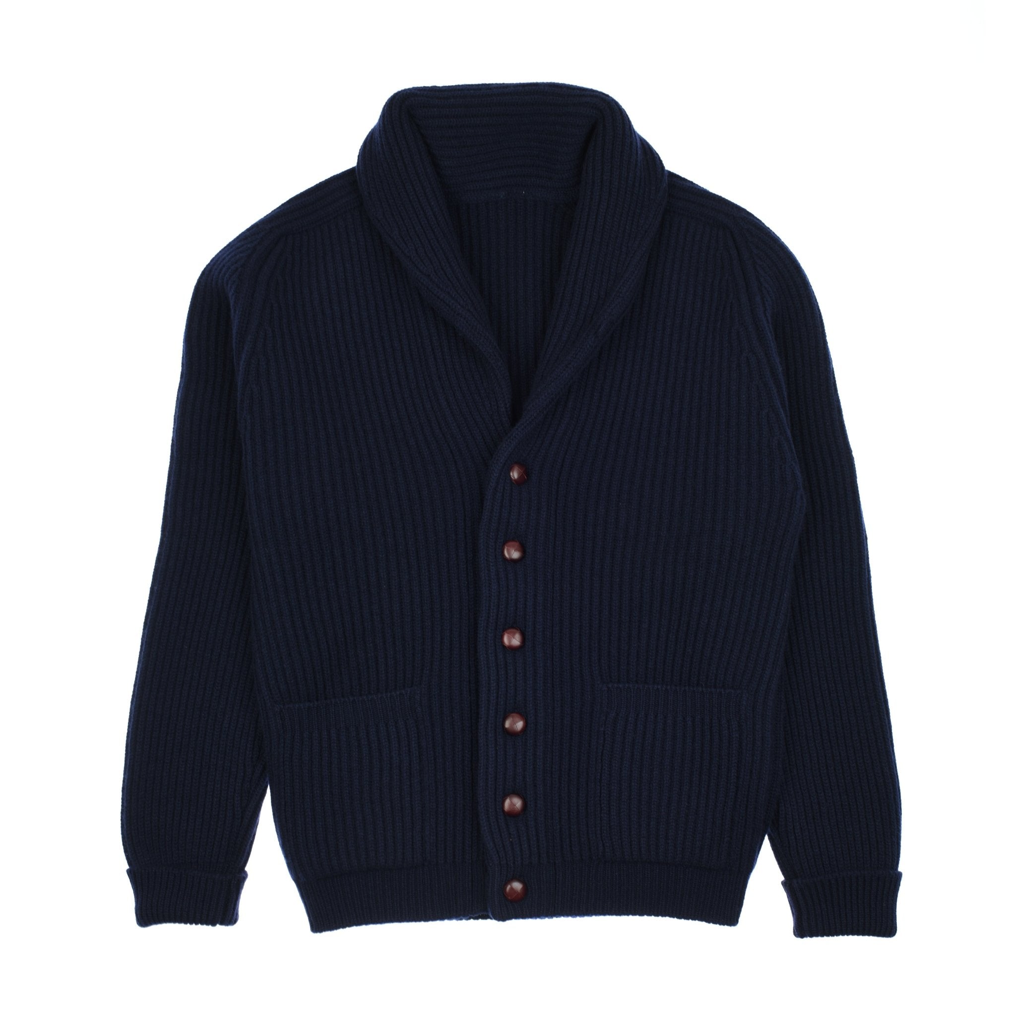 The Campbells of Beauly Shawl Collar Cardigan in navy features ribbed lambswool, brown buttons, and two front pockets—a timeless winter essential for the country gentleman’s wardrobe.