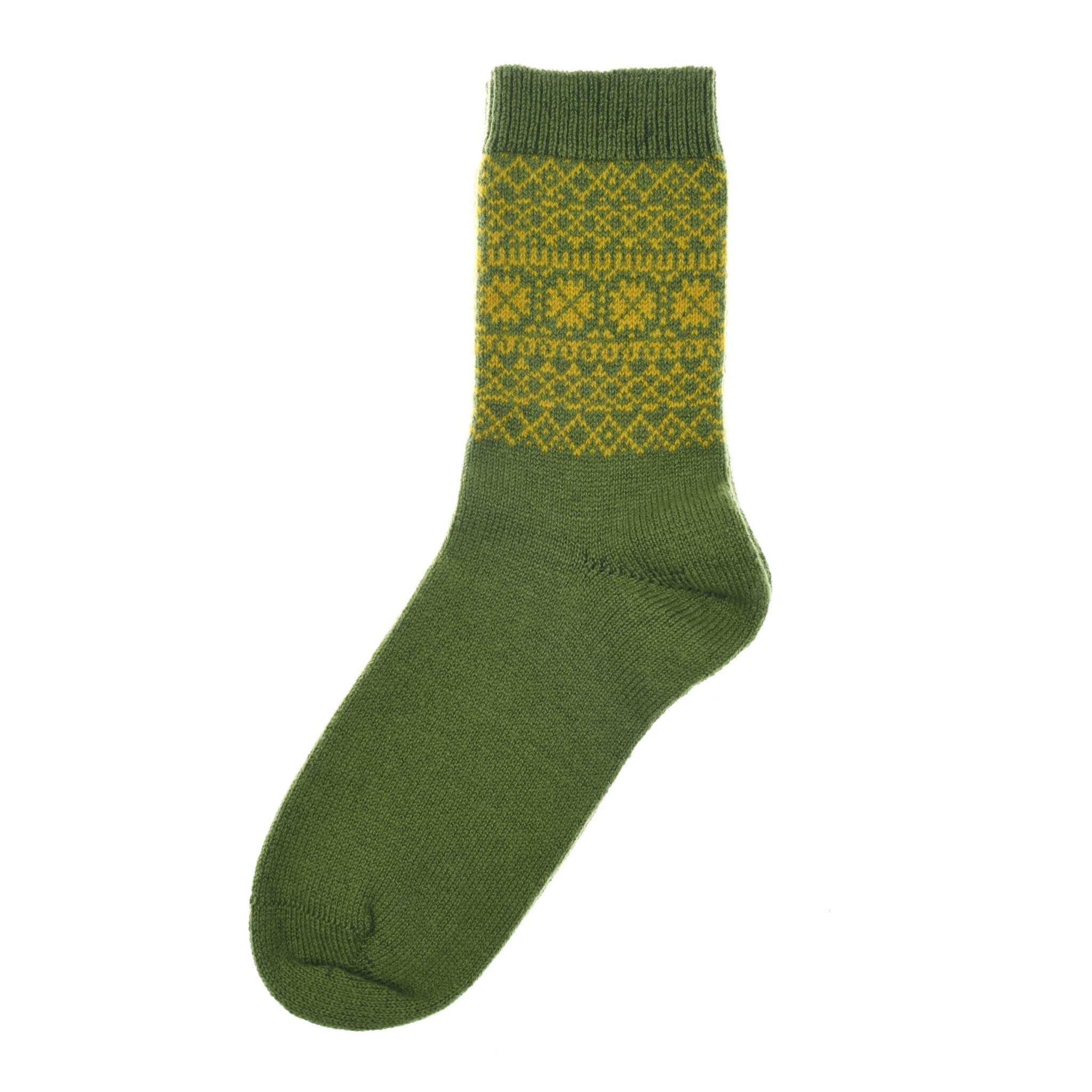 Campbell's of Beauly Two-Colour Fairisle Cashmere Socks in green with a yellow geometric pattern, inspired by traditional Scottish knitwear, shown against a white background.