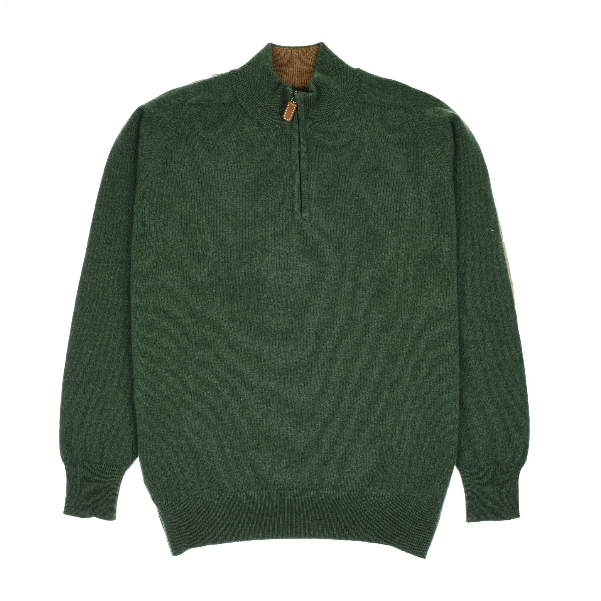 The Campbells of Beauly Lambswool Quarter Zip Jumper in Rosemary features long sleeves, a half-zip collar with a tan pull tab, and ribbed cuffs and hem, shown laid flat on a white background.