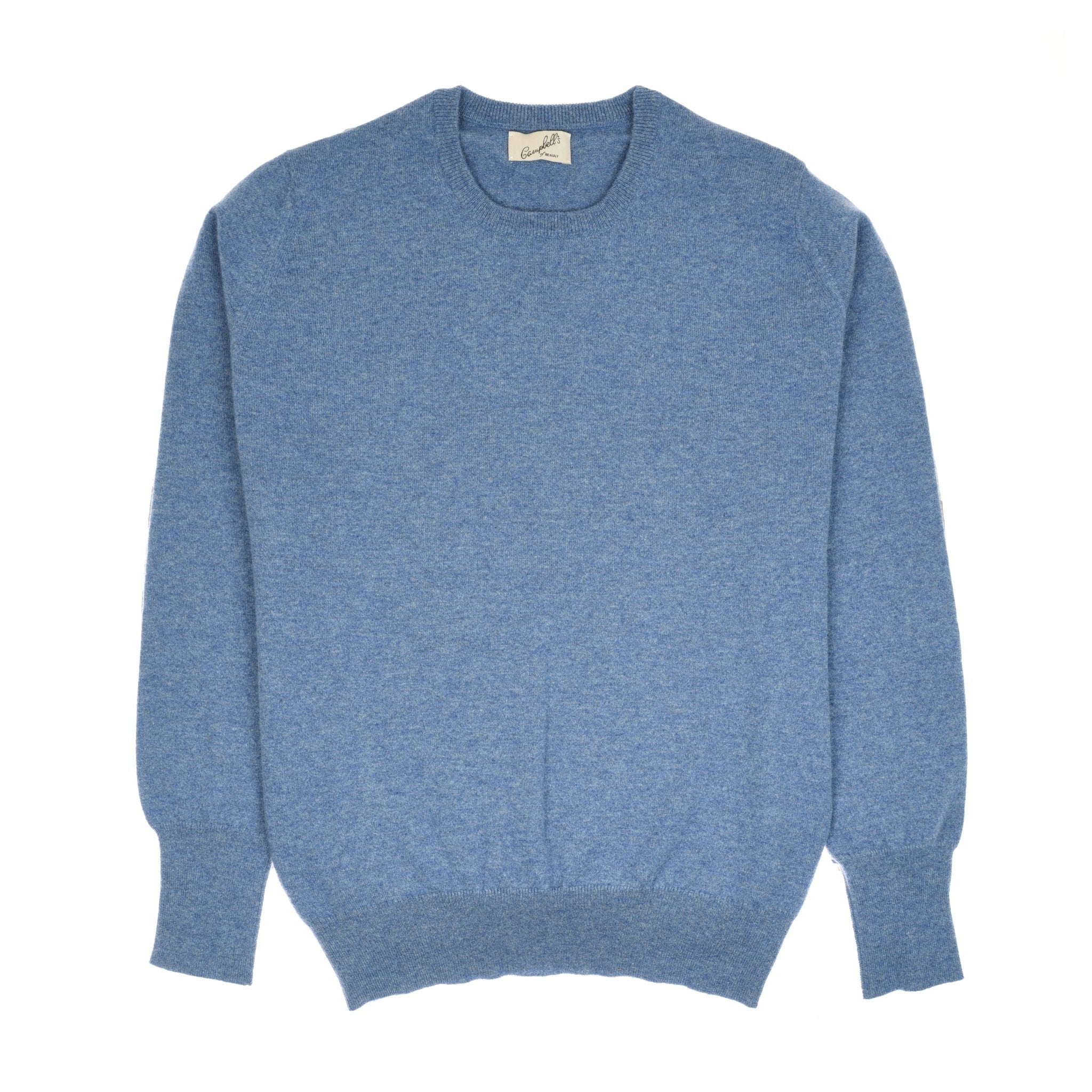 The Campbells of Beauly Cashmere Crew Neck Jumper in Lapis features ribbed cuffs, hem, and neckline for a luxurious feel. Styled flat on white, it reflects timeless elegance inspired by the Scottish Borders.
