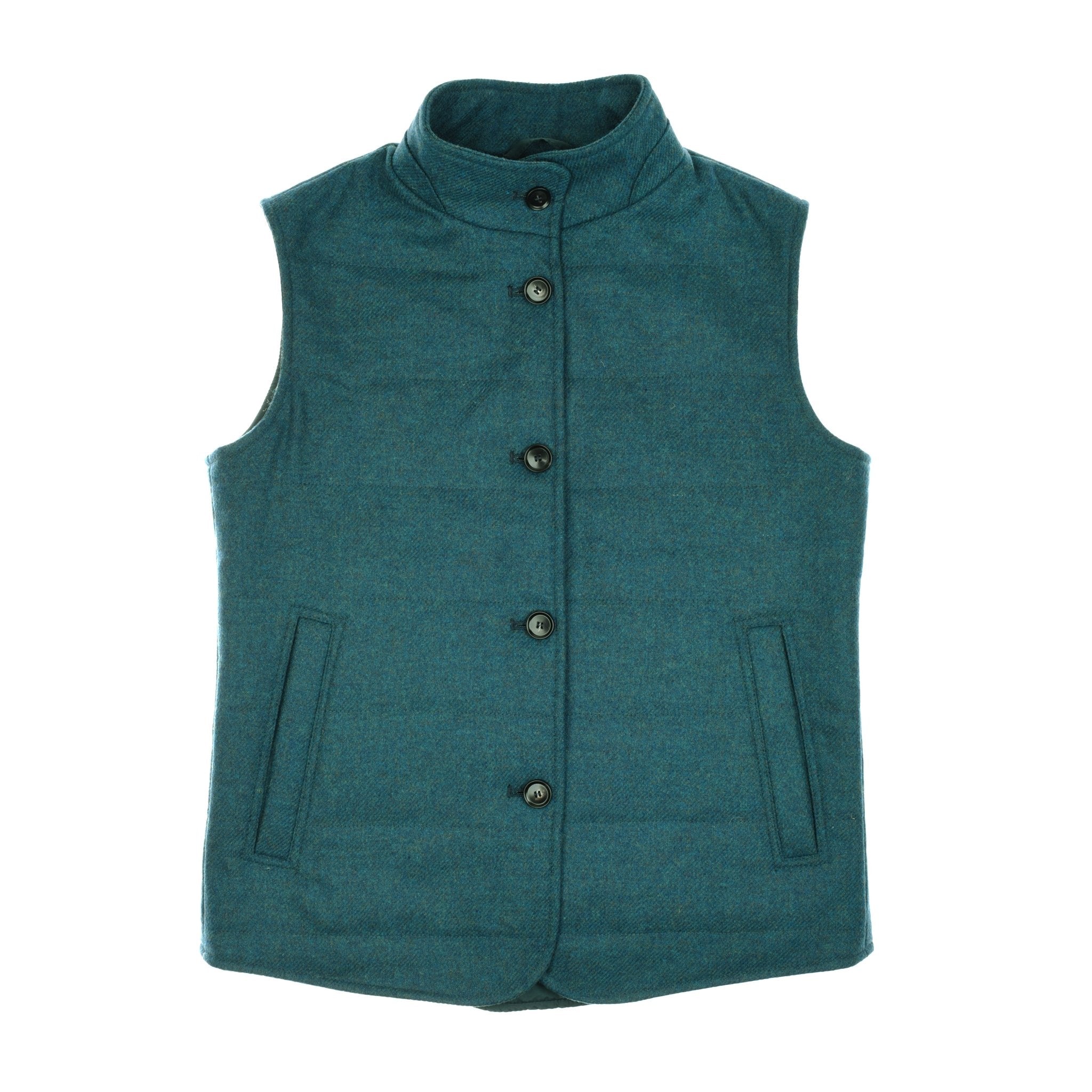 The Auld Stock Quilted Buttoned Gilet by Campbell's of Beauly is a teal, sleeveless tweed piece with a high collar and two front pockets, shown laid flat on a white background.