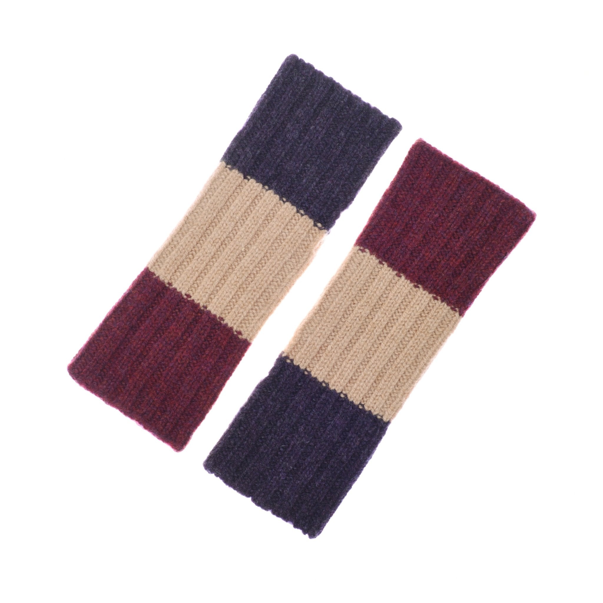 The Auld Stock Stripe Wristwarmers by Campbell's of Beauly feature a ribbed knit with three color blocks in Elderberry. Crafted from soft lambswool in the Scottish Borders, two wristwarmers are shown flat on a white background.