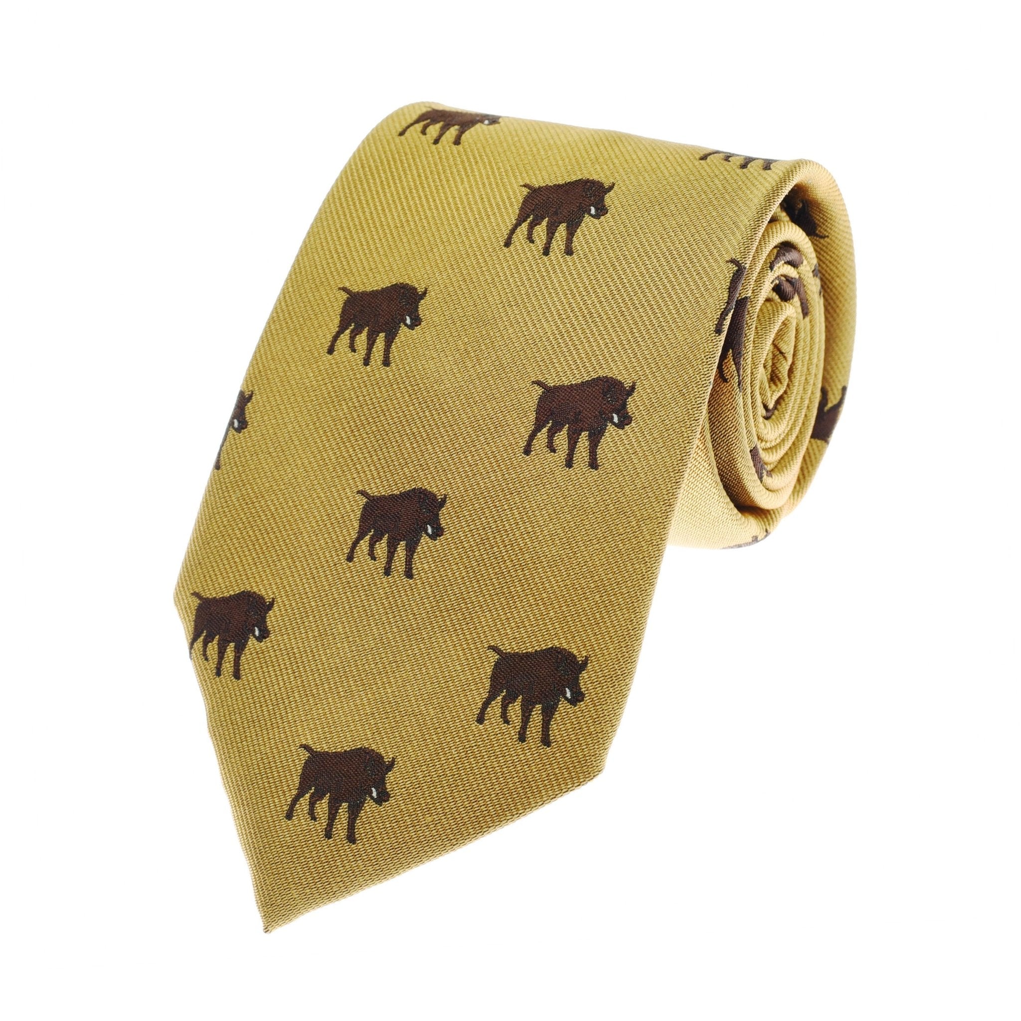 The Boar Silk Tie by Campbells of Beauly features a gold handmade silk design with a repeating brown bison pattern, adding a charming countryside motif to your collection.