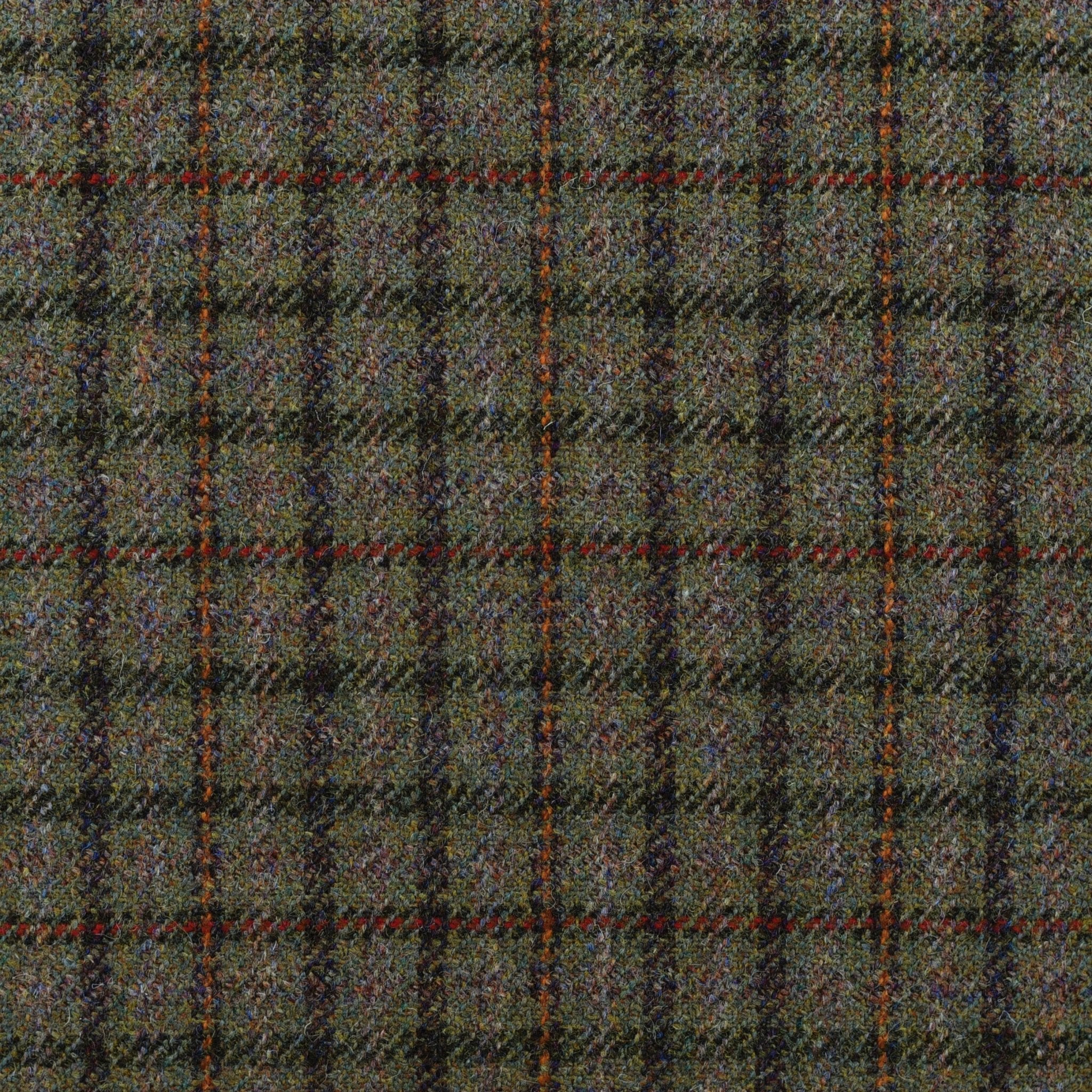 Close-up of Campbells of Beauly House Tweed 78704, a Scottish Saxony tweed with a green, brown, and gray base and fine red, yellow, and blue crisscross pattern—showcasing traditional craftsmanship and heritage.