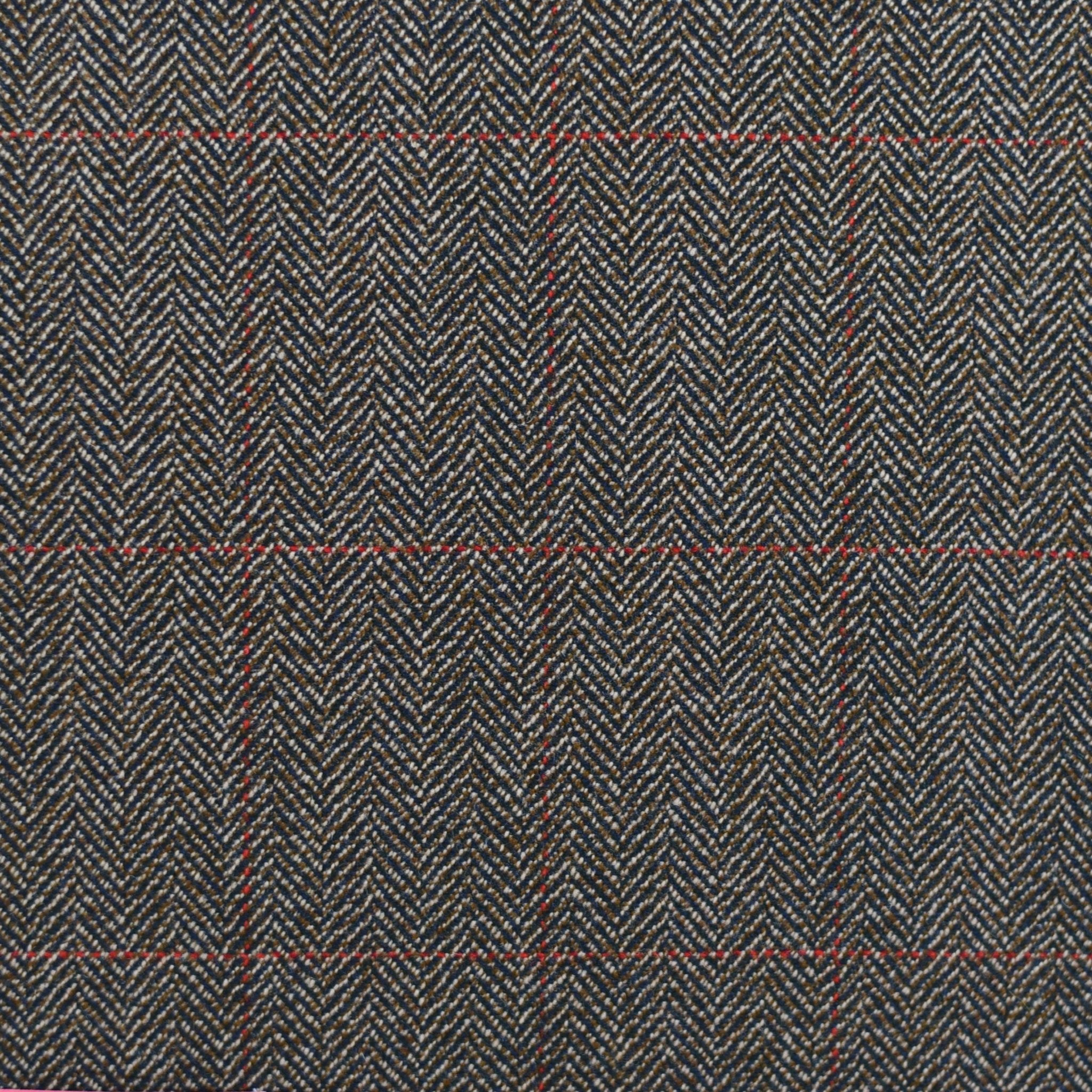House Tweed 68866 by Campbell's of Beauly is a herringbone tweed fabric in black, white, and grey with thin red and blue lines forming a subtle windowpane check.